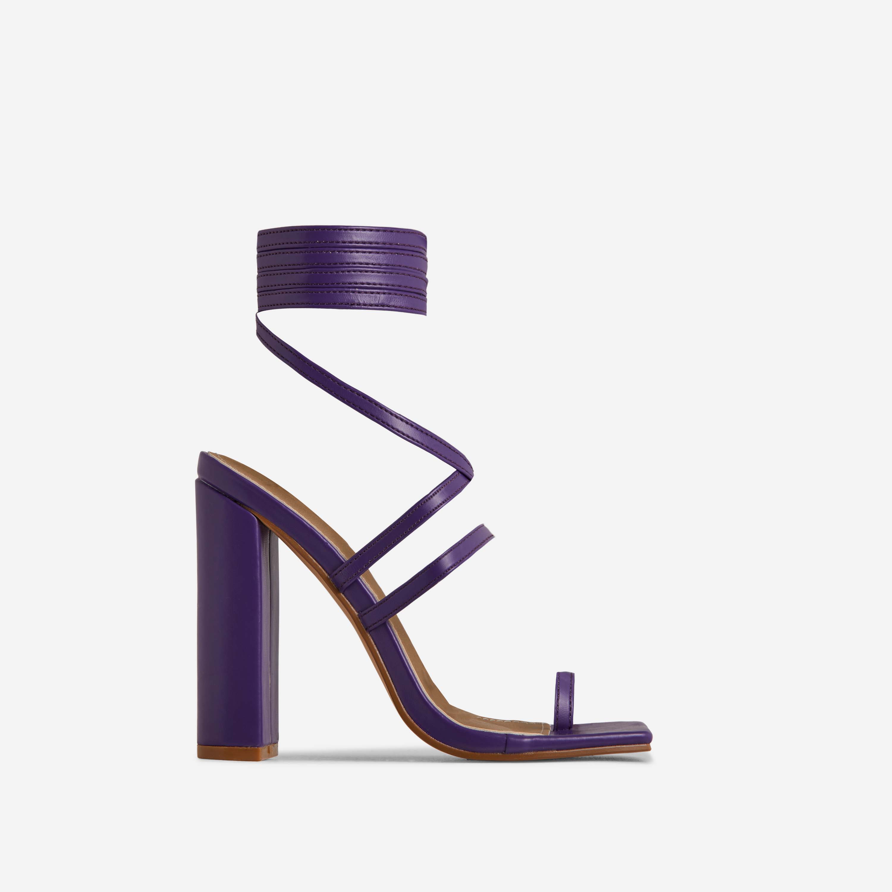 Brea Lace Up Strappy Square Toe Block Heel In Purple Faux Leather, Purple (EGO SHOES)