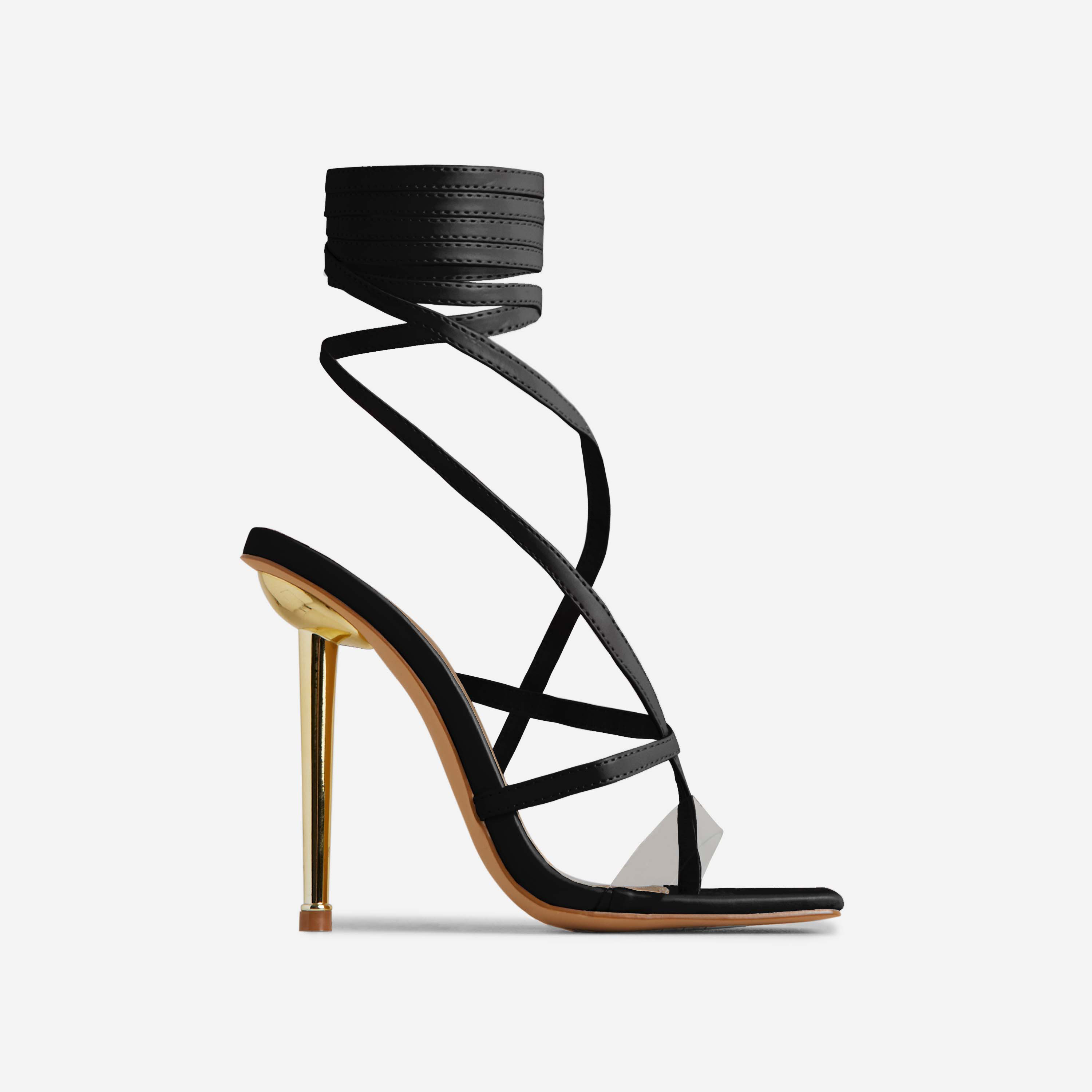 Pam Lace Up Clear Perspex Strap Square Toe Metallic Heel In Black Faux Leather, Black (EGO SHOES)