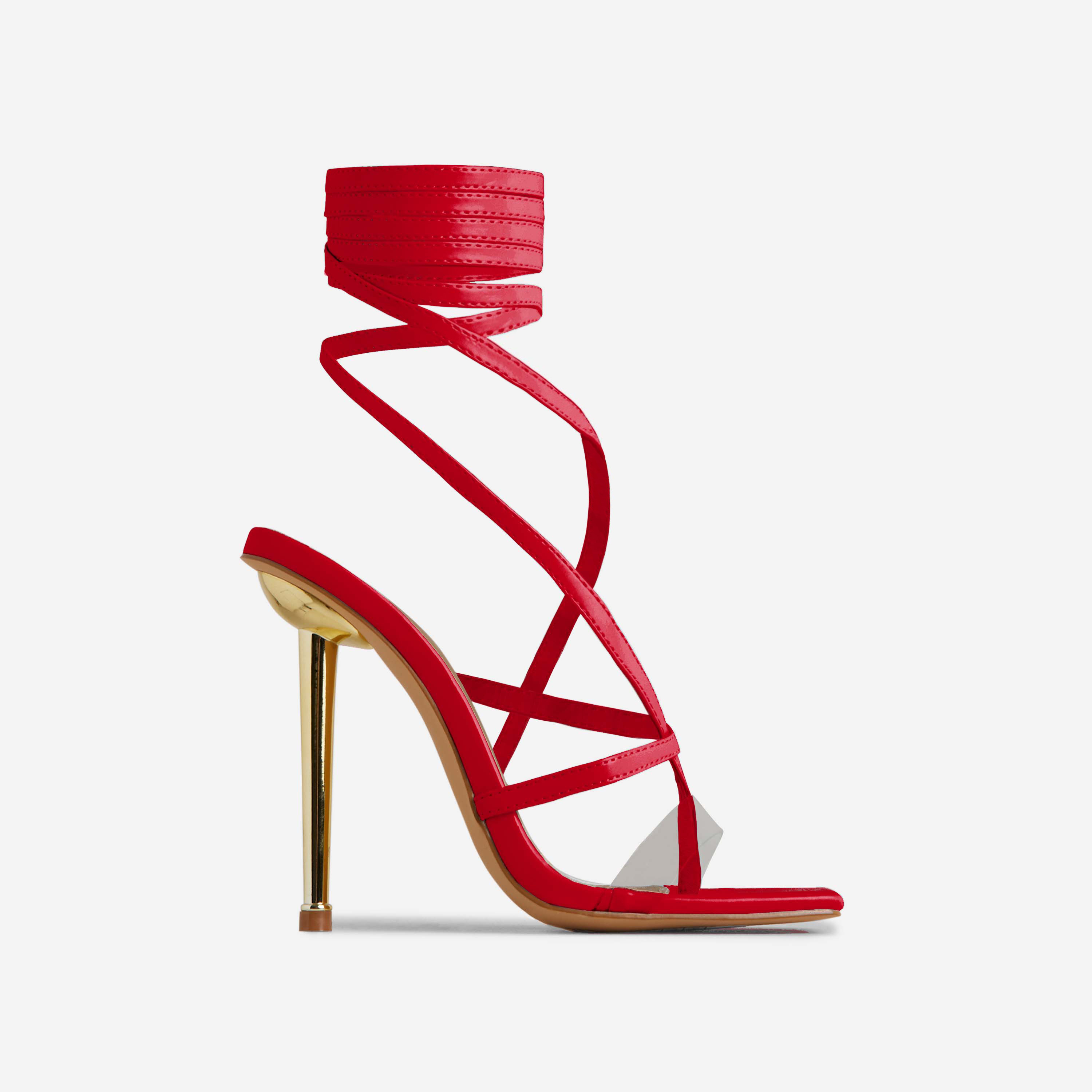 Pam Lace Up Clear Perspex Strap Square Toe Metallic Heel In Red Faux Leather, Red (EGO SHOES)