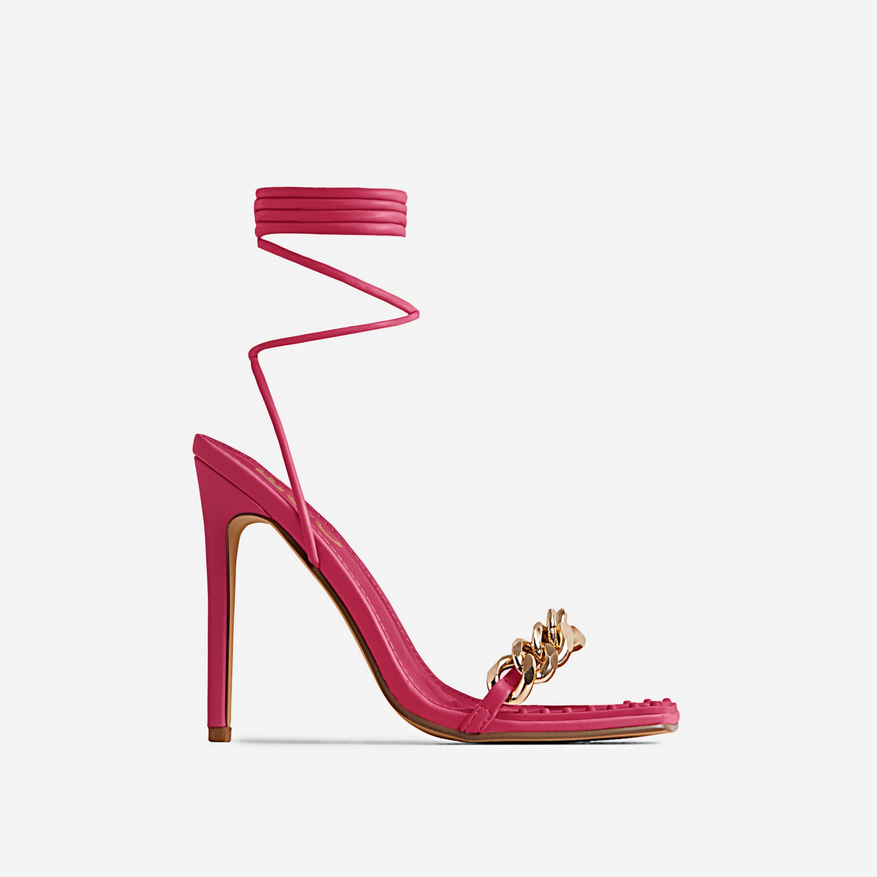 Tinley Lace Up Studded Chain Detail Square Toe Stiletto Heel In Pink Faux Leather, Pink (EGO SHOES)