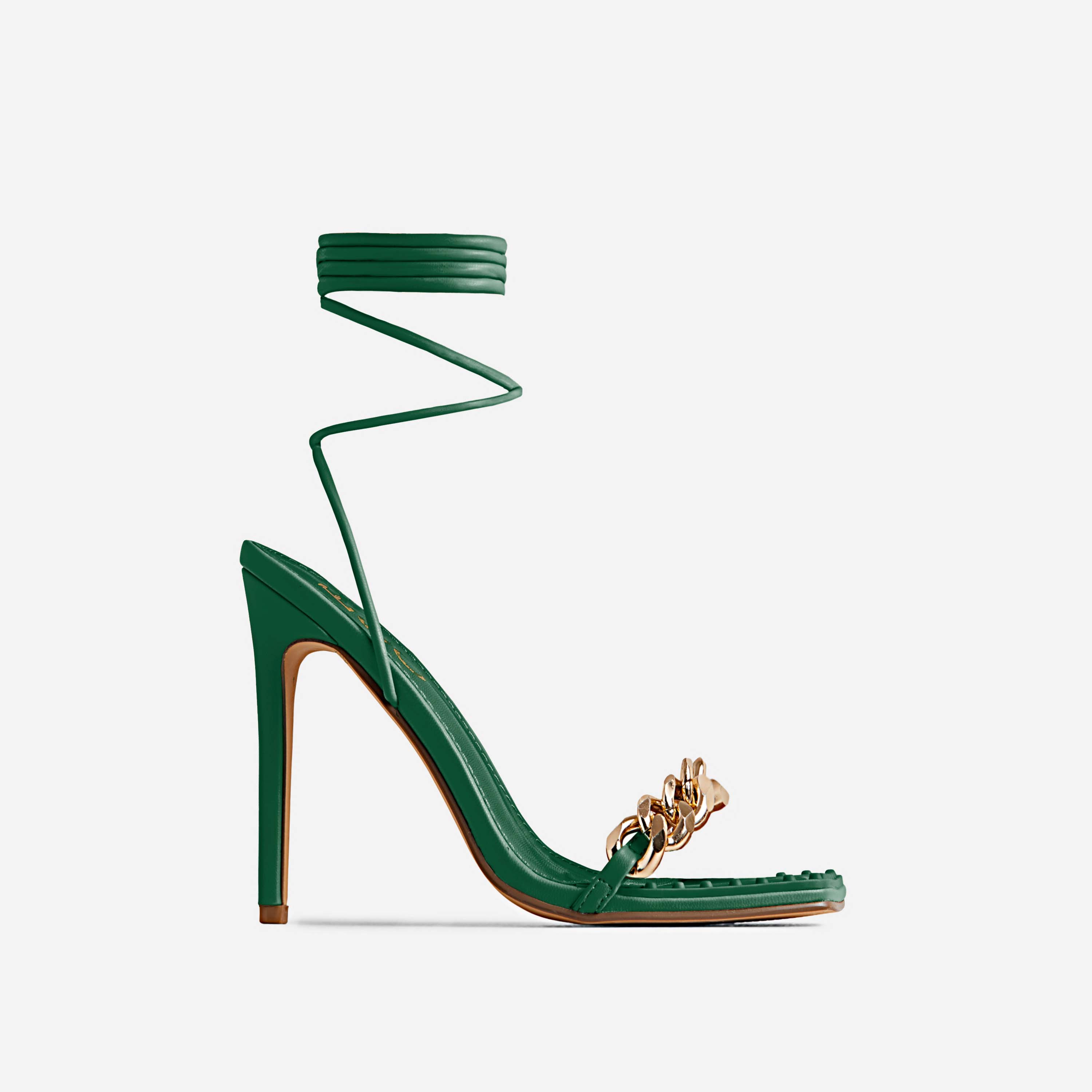 Tinley Lace Up Studded Chain Detail Square Toe Stiletto Heel In Green Faux Leather, Green (EGO SHOES)