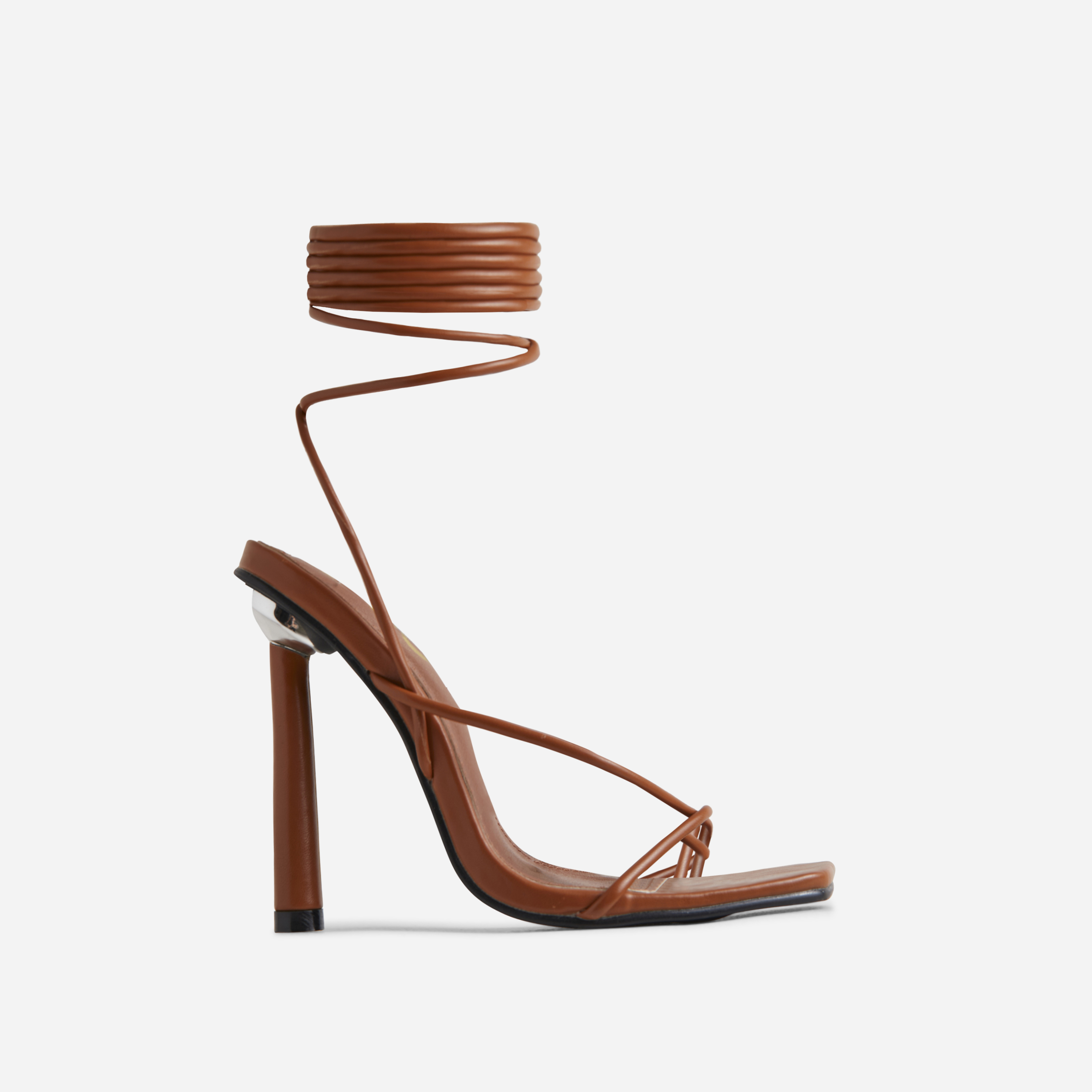 Desire Lace Up Twisted Strap Square Toe Round Thin Block Heel In Tan Brown Faux Leather, Brown (EGO SHOES)