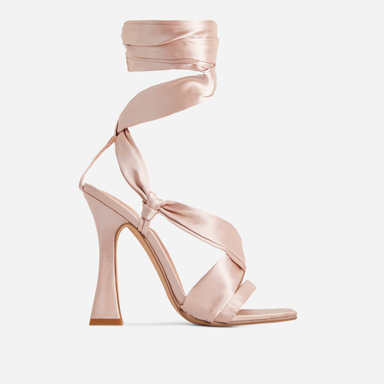 Mara Lace Up Square Toe Flared Block Heel In Nude Satin, Nude (EGO SHOES)