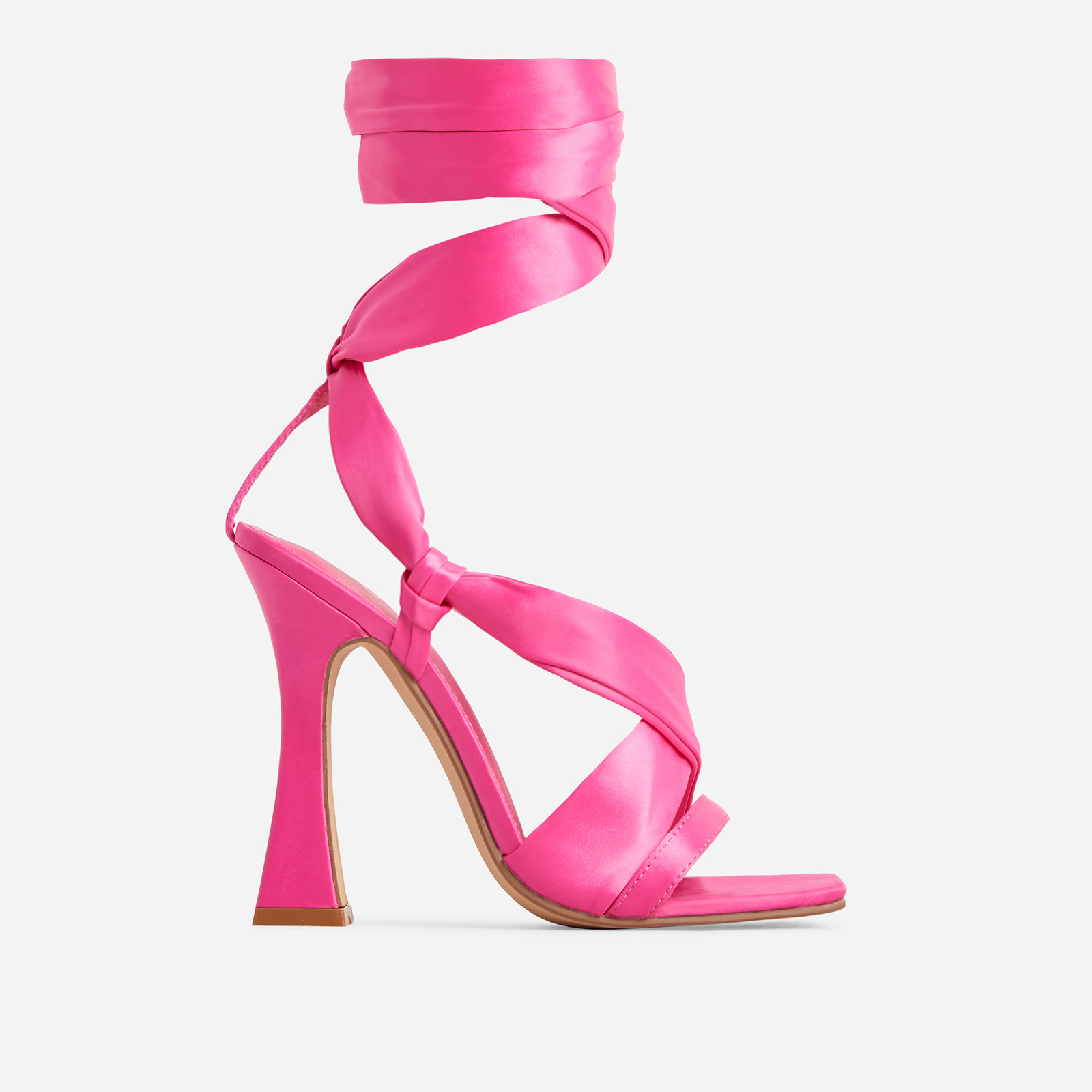 Mara Lace Up Square Toe Flared Block Heel In Pink Satin, Pink (EGO SHOES)