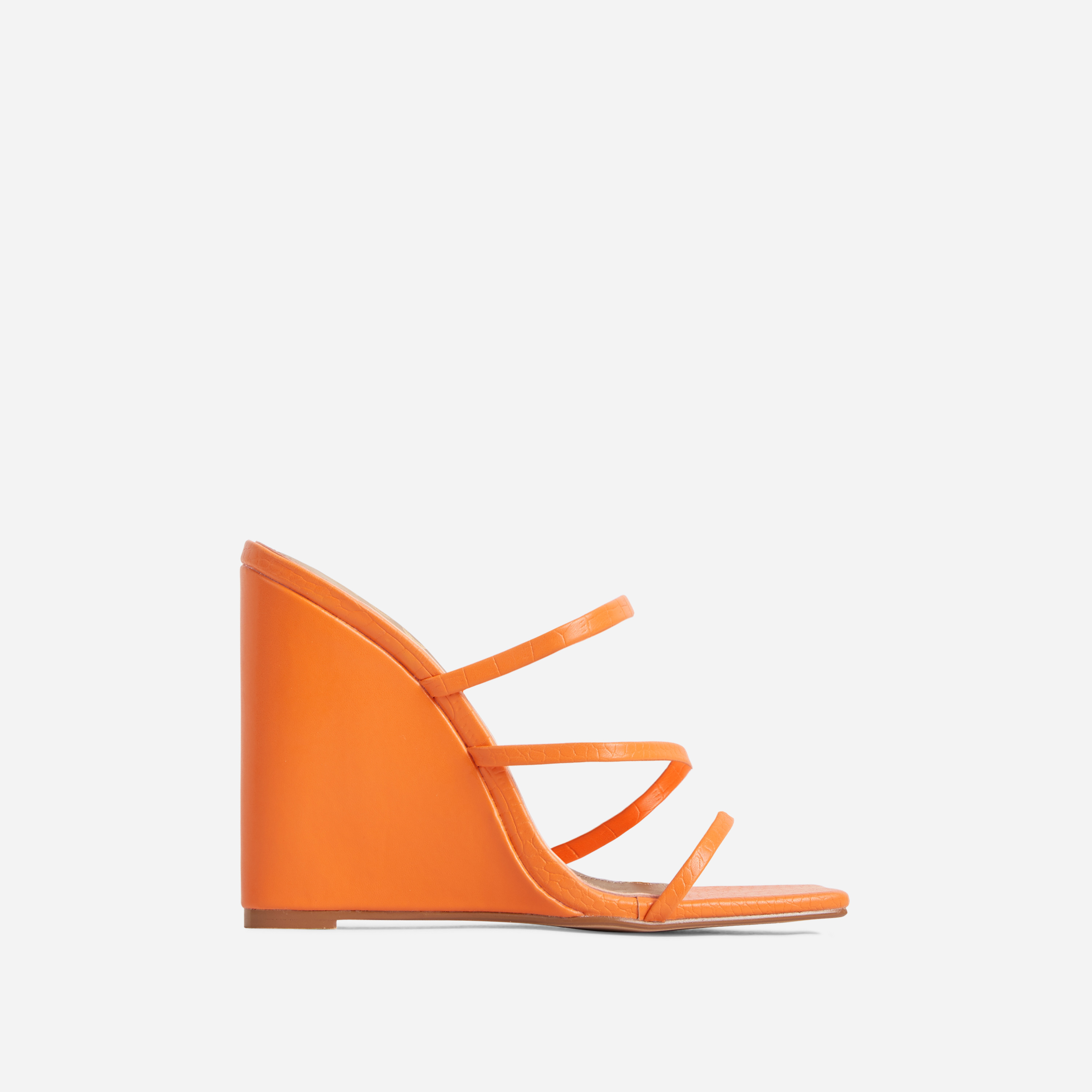 Estelle Strappy Square Toe Wedge Block Heel Mule In Orange Croc Print Faux Leather, Orange (EGO SHOES)