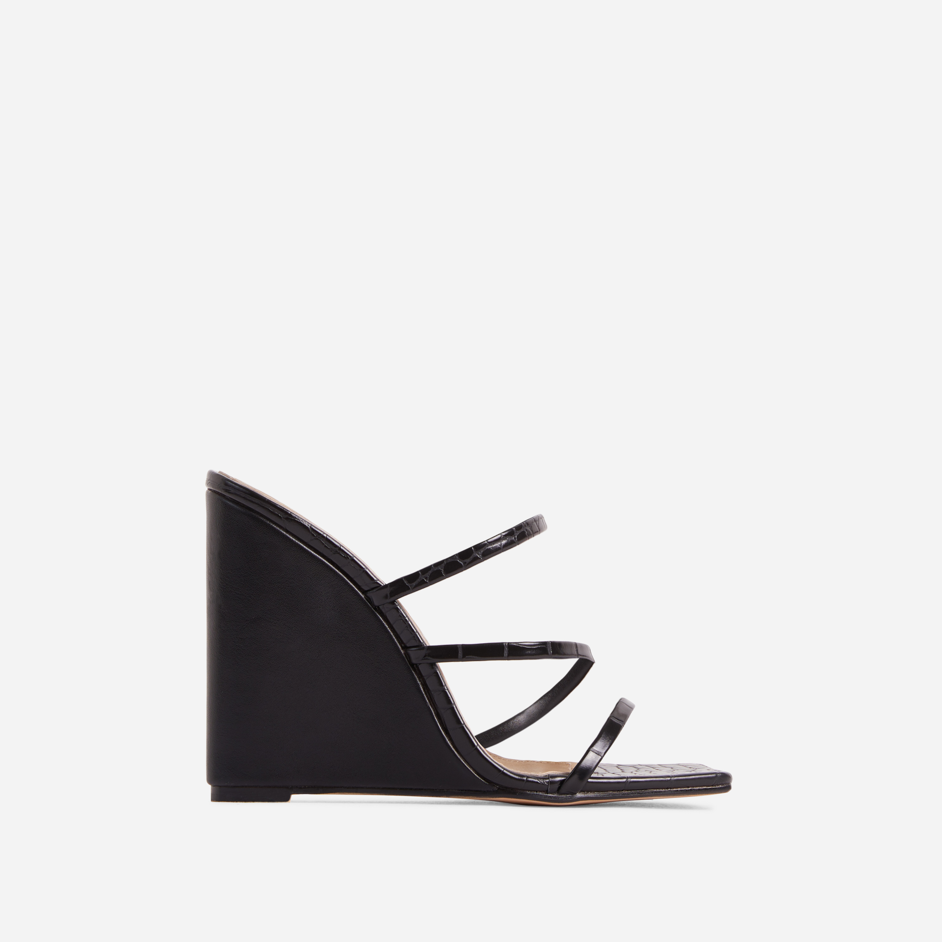 Estelle Strappy Square Toe Wedge Block Heel Mule In Black Croc Print Faux Leather, Black (EGO SHOES)