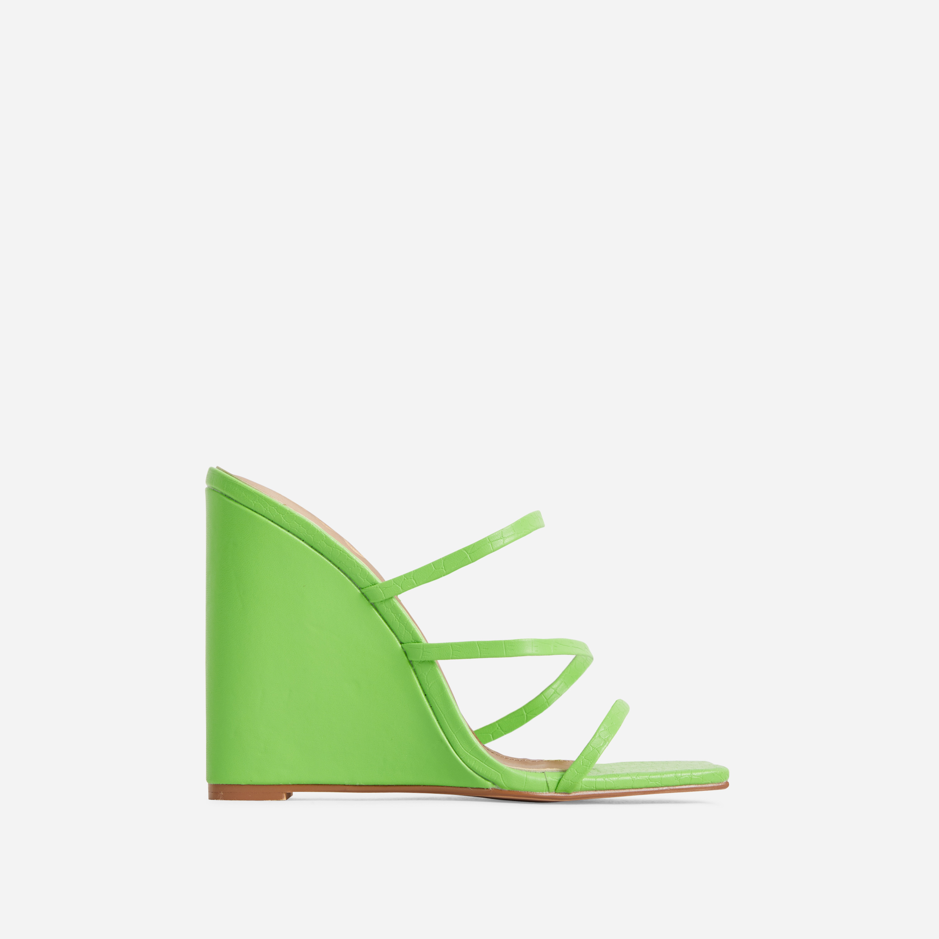 Estelle Strappy Square Toe Wedge Block Heel Mule In Green Croc Print Faux Leather, Green (EGO SHOES)