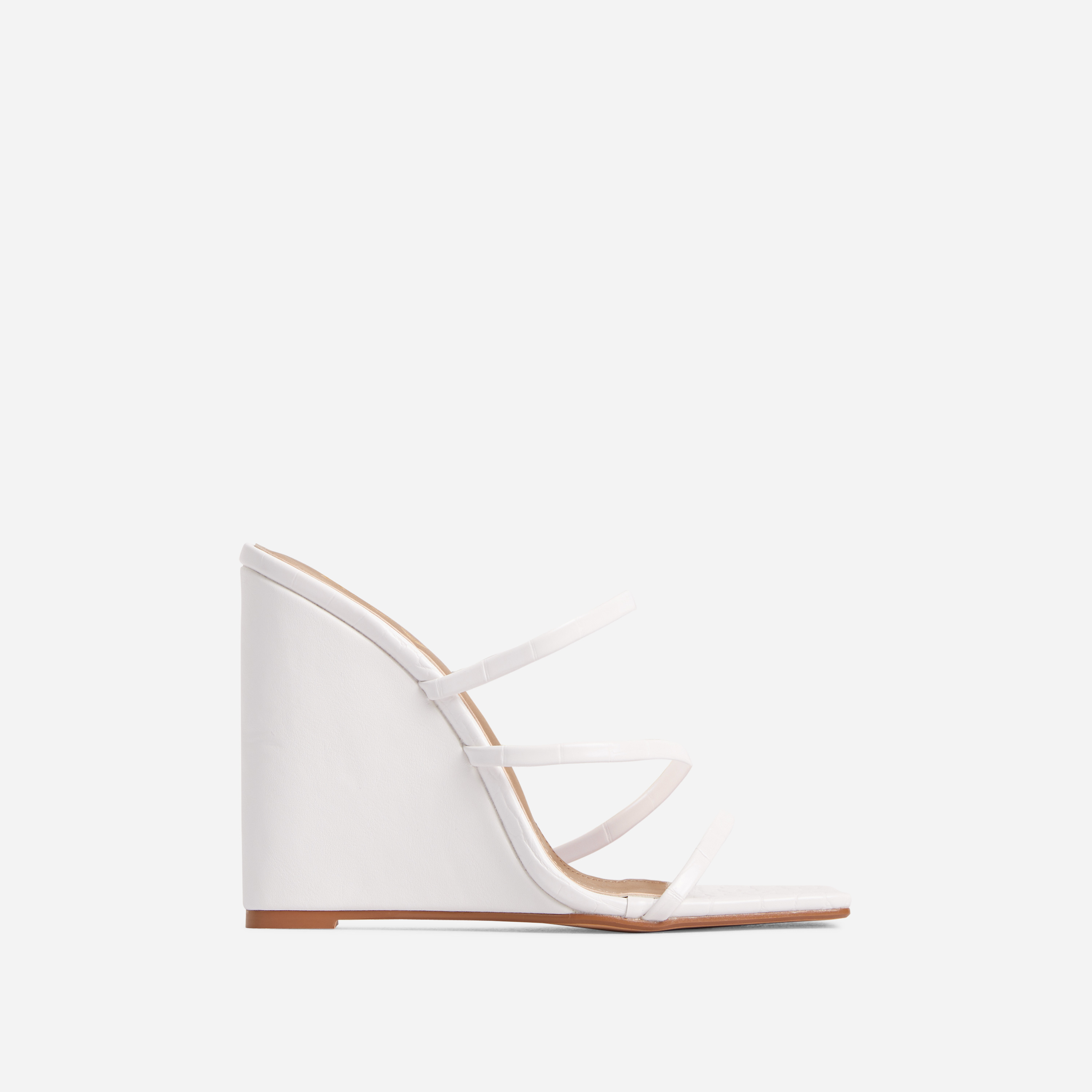 Estelle Strappy Square Toe Wedge Block Heel Mule In White Croc Print Faux Leather, White (EGO SHOES)