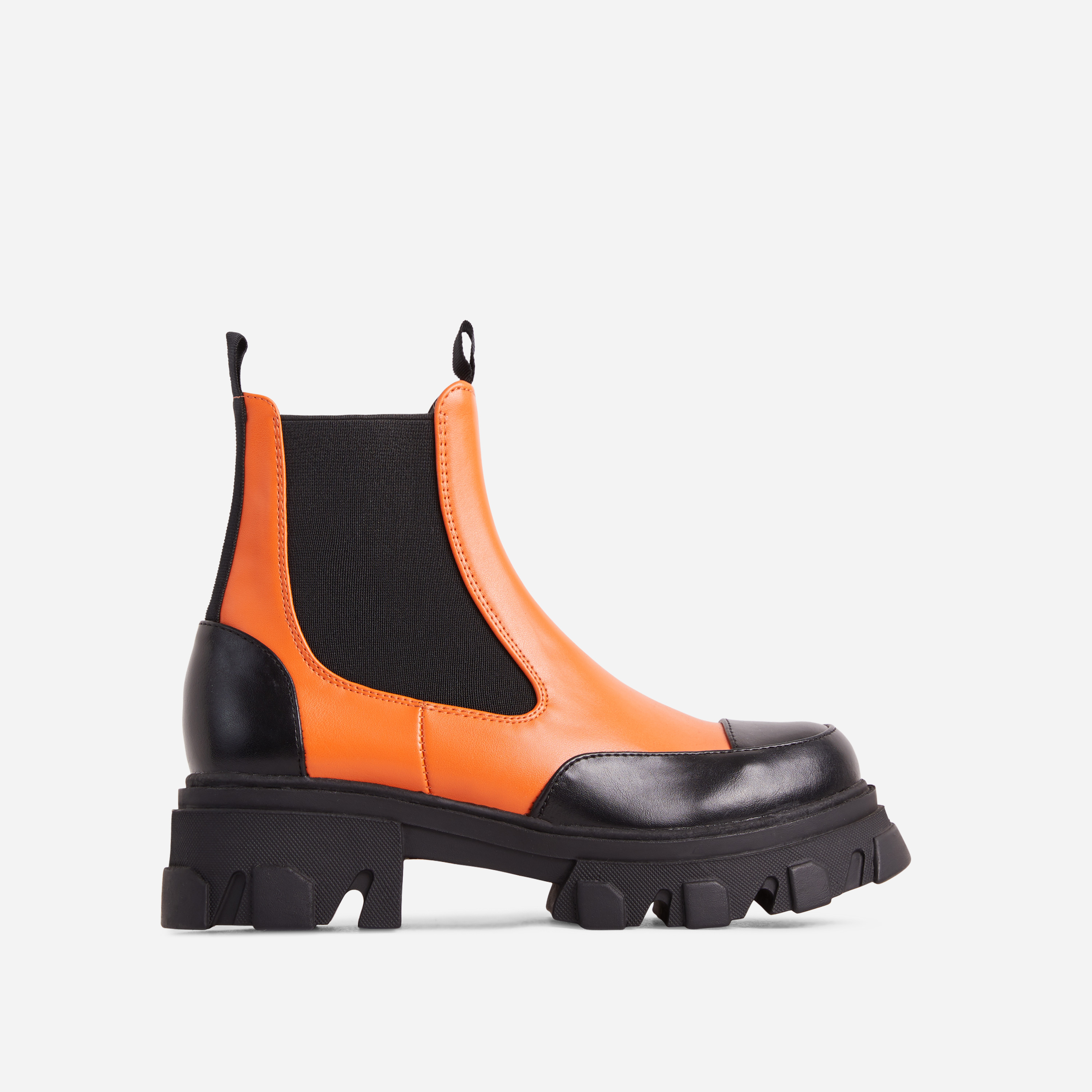 In-My-Moment Chunky Cleated Sole Ankle Biker Boot In Orange Faux Leather, Orange (EGO SHOES)