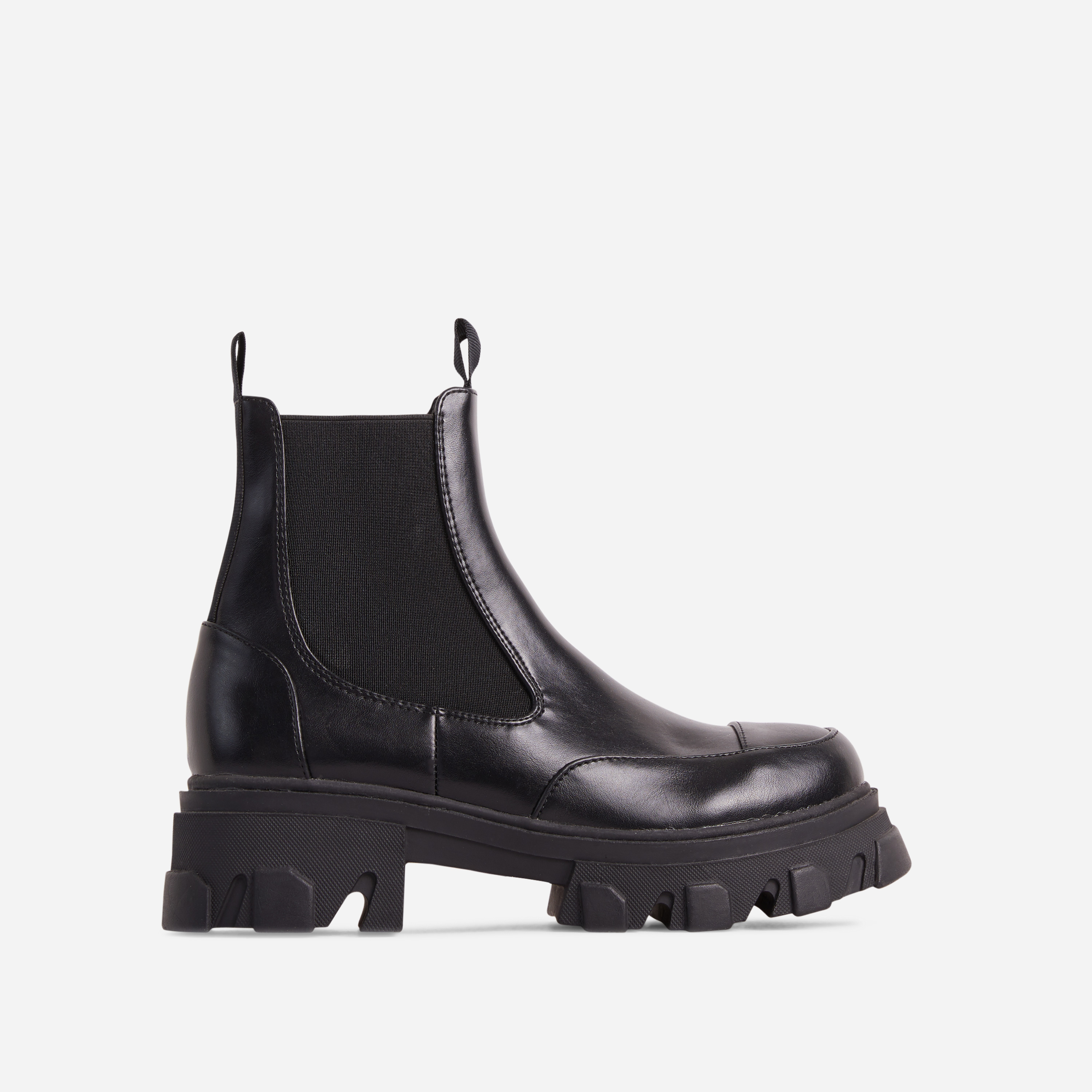 In-My-Moment Chunky Cleated Sole Ankle Biker Boot In Black Faux Leather, Black (EGO SHOES)