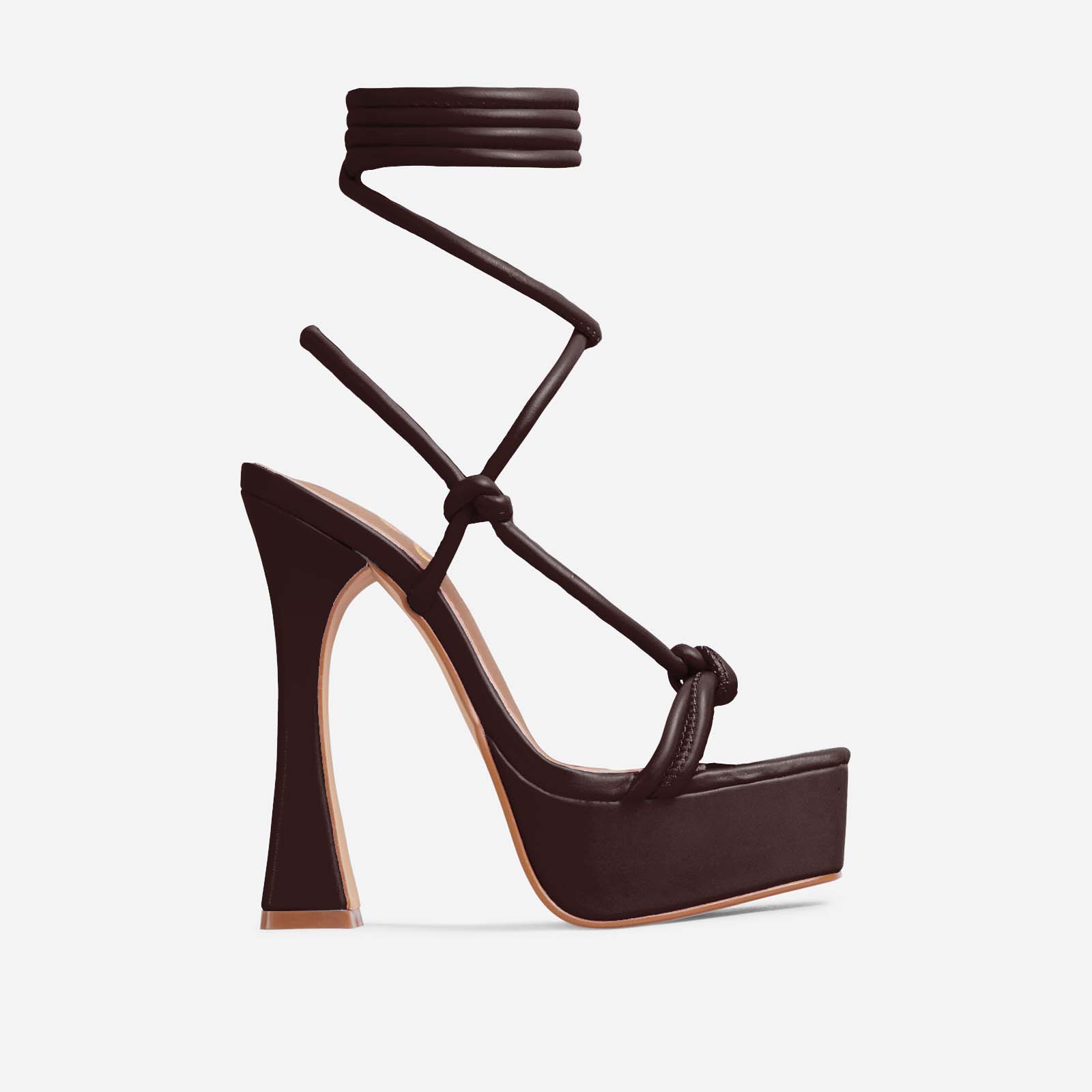 Heat-Wave Knotted Detail Lace Up Square Toe Platform Flared Heel In Dark Brown Faux Leather, Brown (EGO SHOES)