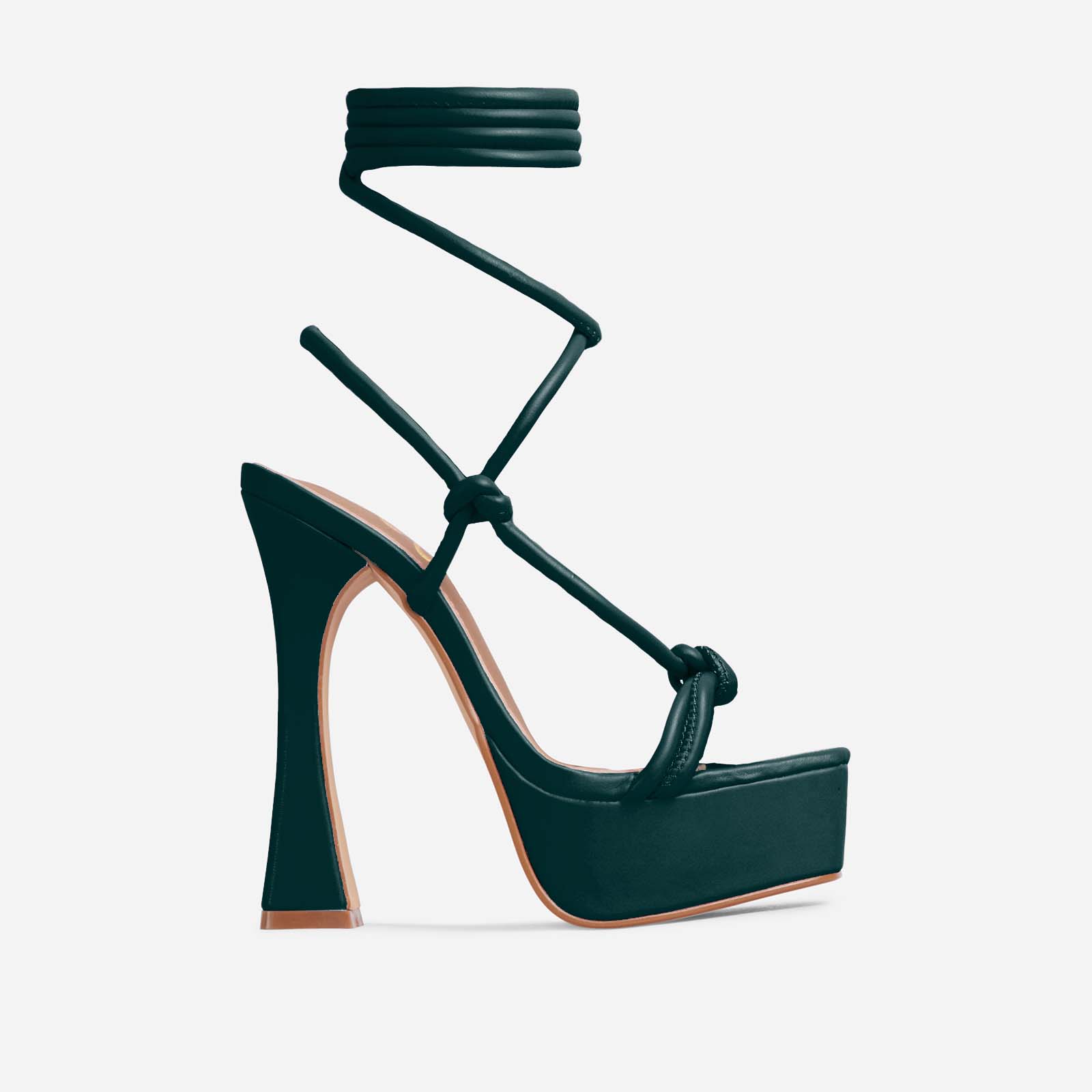 Heat-Wave Knotted Detail Lace Up Square Toe Platform Flared Heel In Dark Green Faux Leather, Green (EGO SHOES)