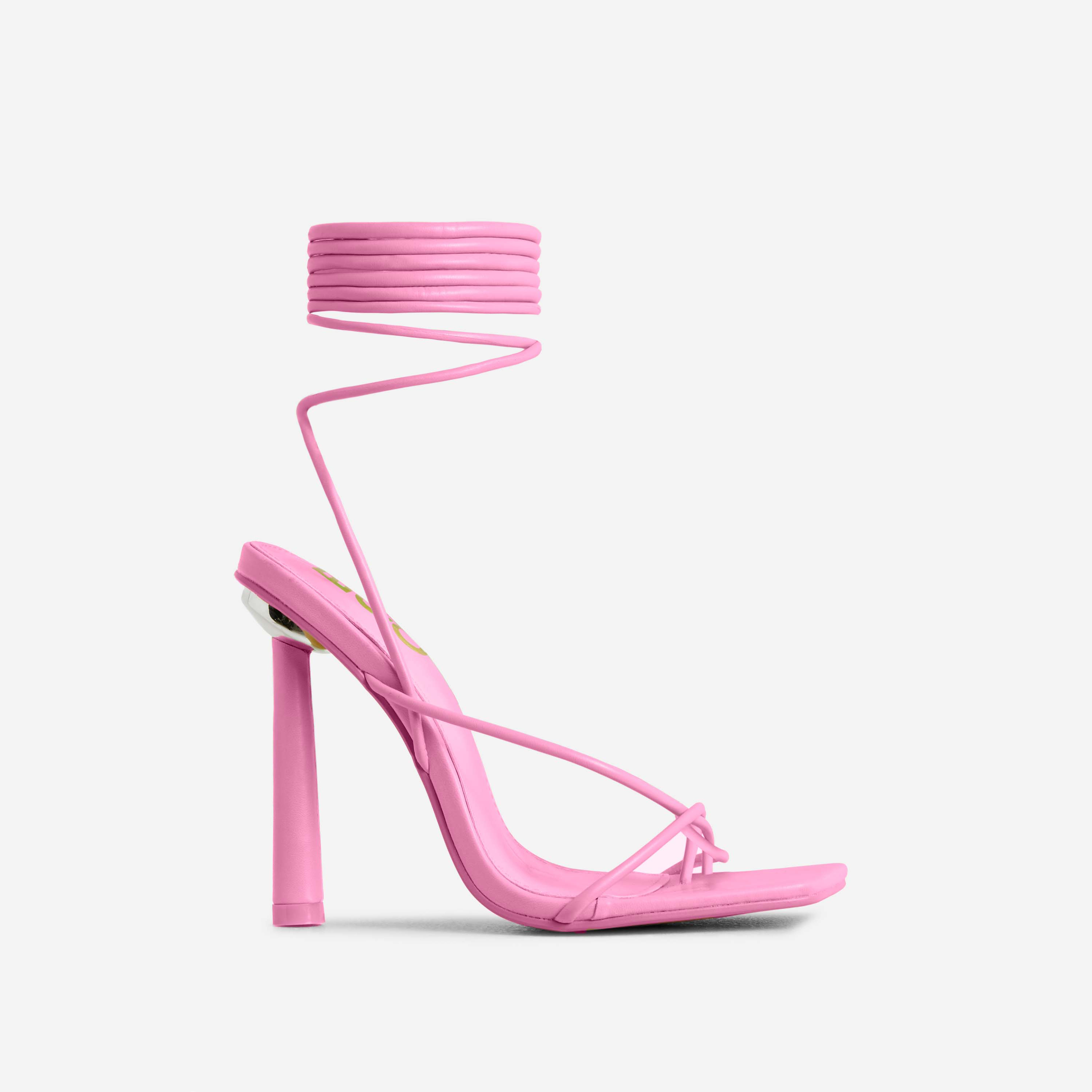 Desire Lace Up Twisted Strap Square Toe Round Thin Block Heel In Pink Faux Leather, Pink (EGO SHOES)