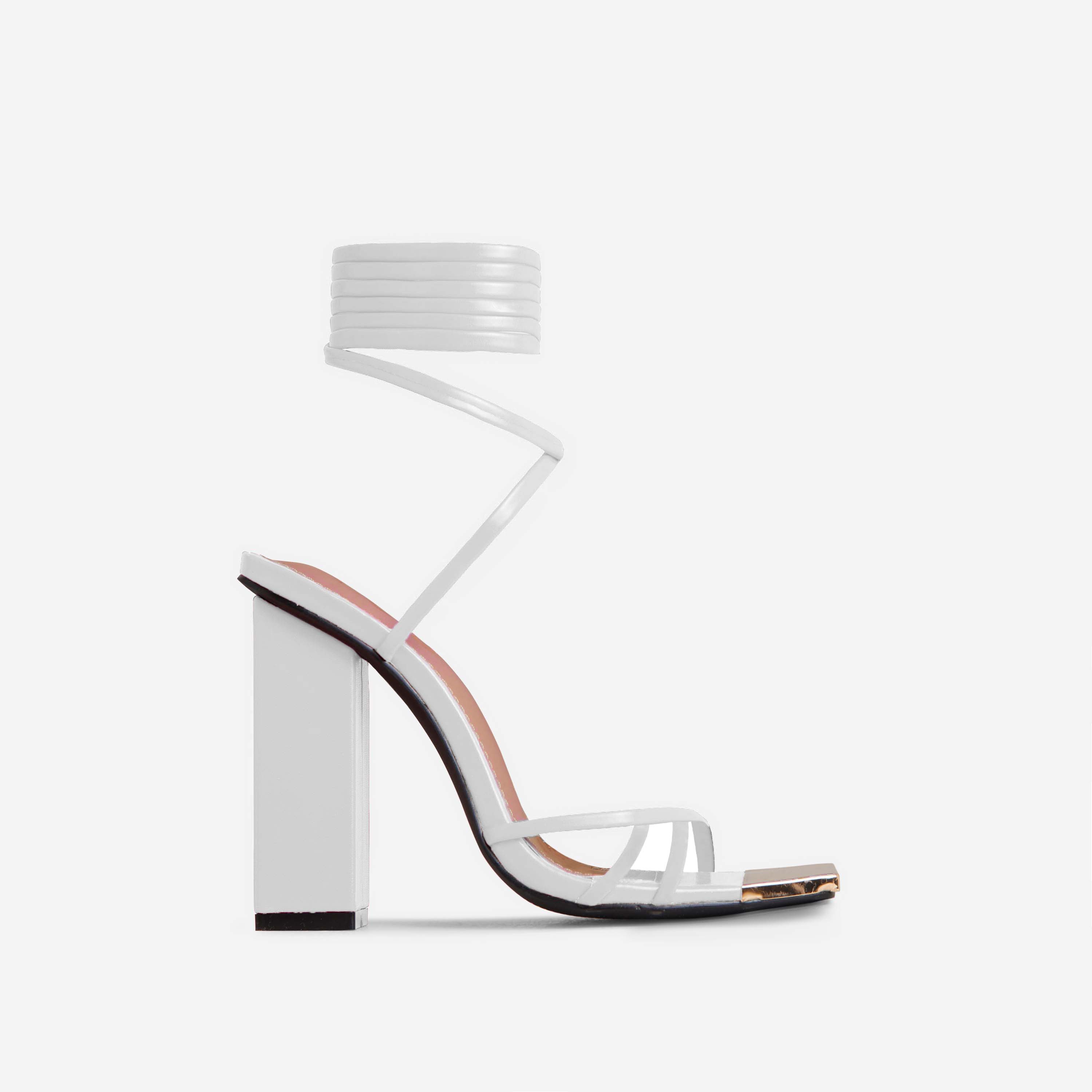 Serious Lace Up Cross Strap Metallic Square Toe Block Heel In White Faux Leather, White (EGO SHOES)