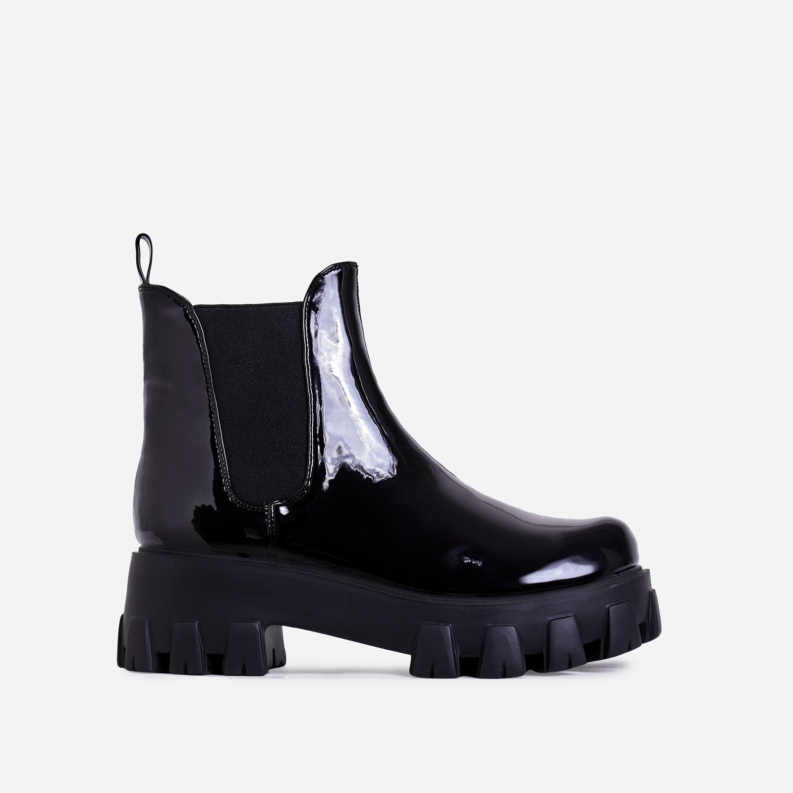 Easton Chunky Sole Ankle Chelsea Biker Boot In Black Patent, Black (EGO SHOES)