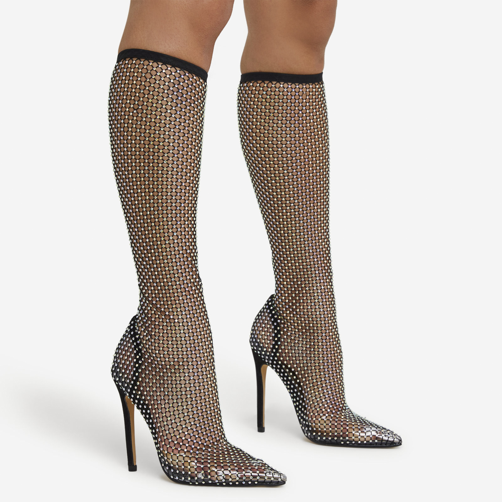 Heather Diamante Detail Pointed Toe Stiletto Heel Knee High Long Sock Boot In Black Fishnet, Black (EGO SHOES)