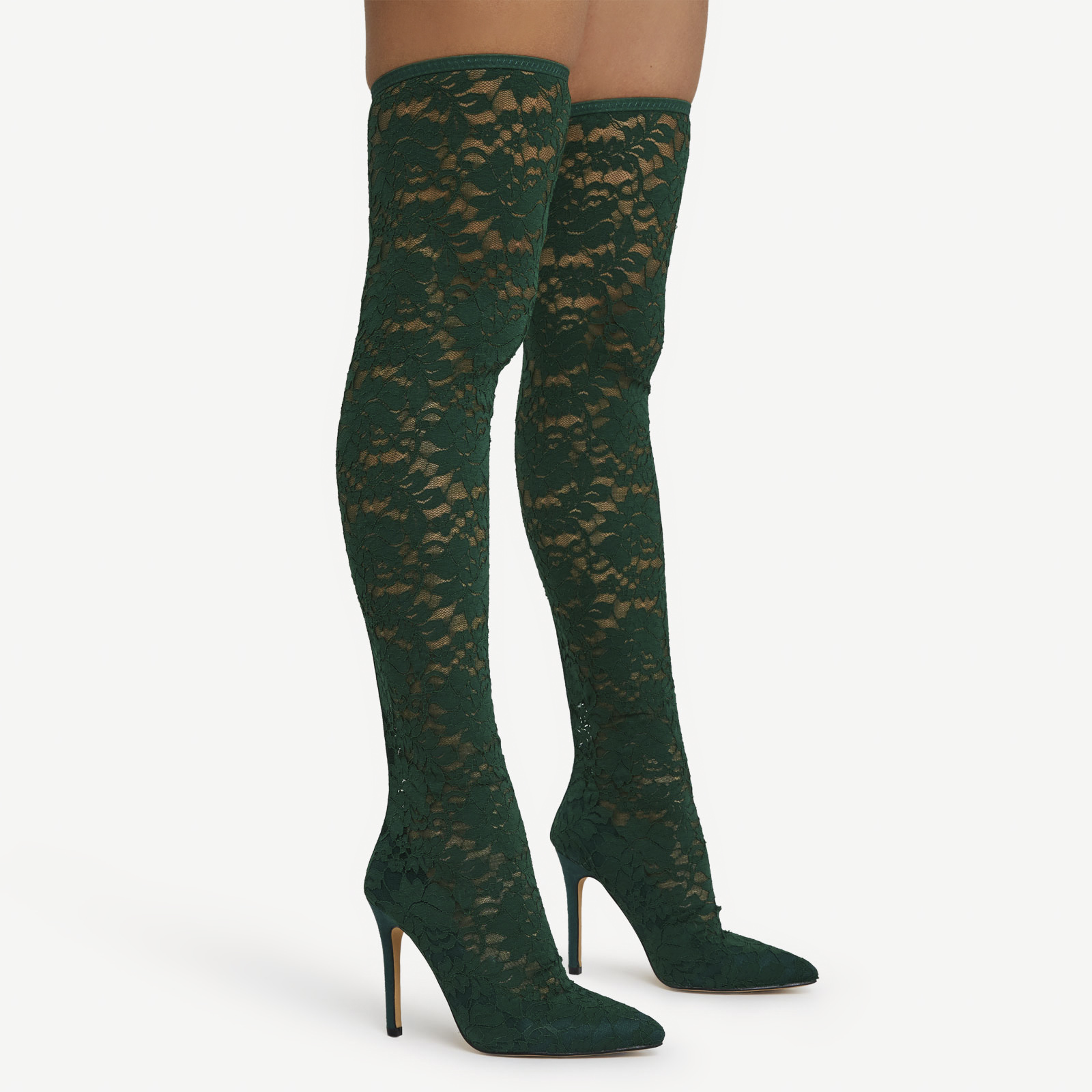 Oly Pointed Toe Over The Knee Thigh High Long Heel Sock Boot In Dark Green Floral Print Lace, Green (EGO SHOES)