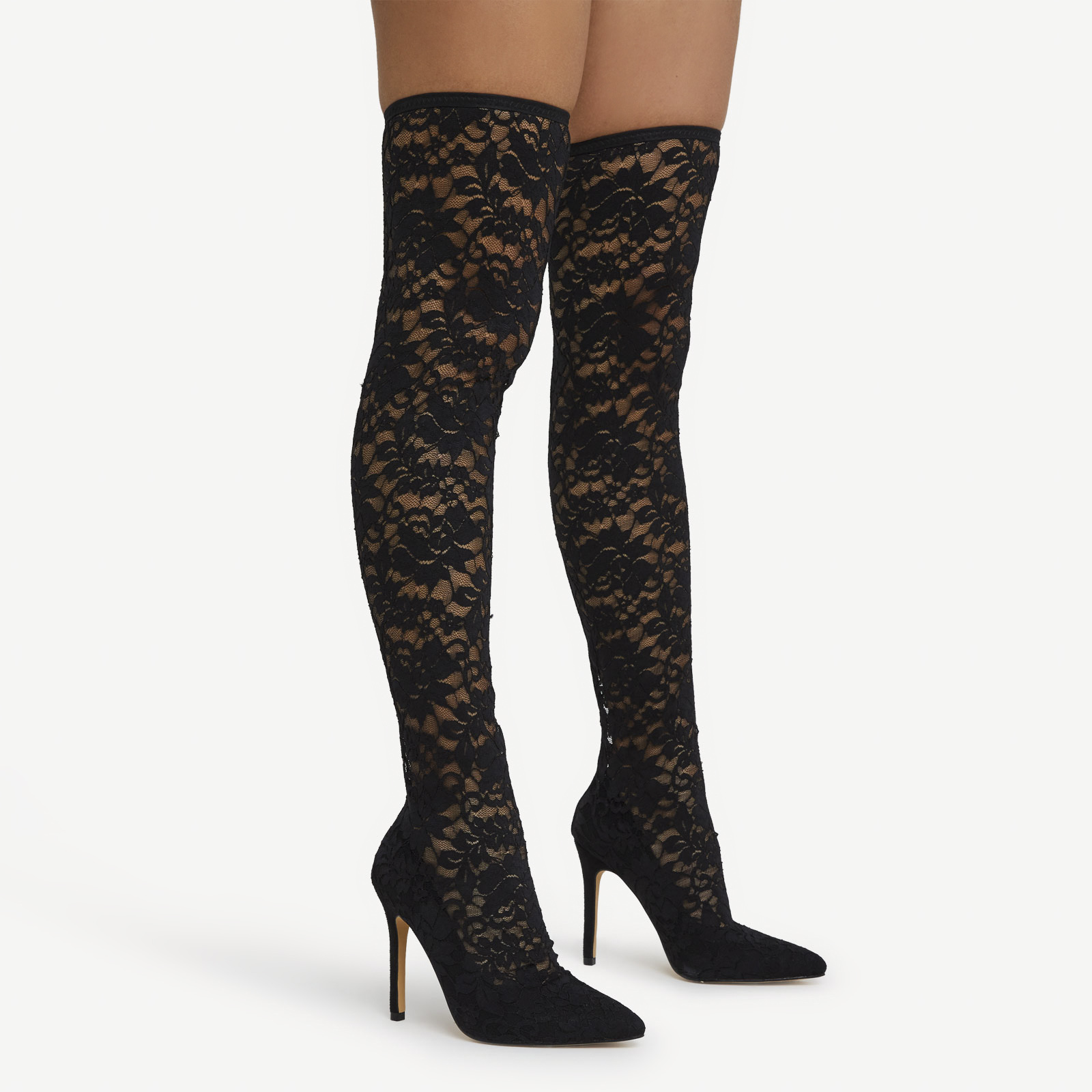 Oly Pointed Toe Over The Knee Thigh High Long Heel Sock Boot In Black Floral Print Lace, Black (EGO SHOES)