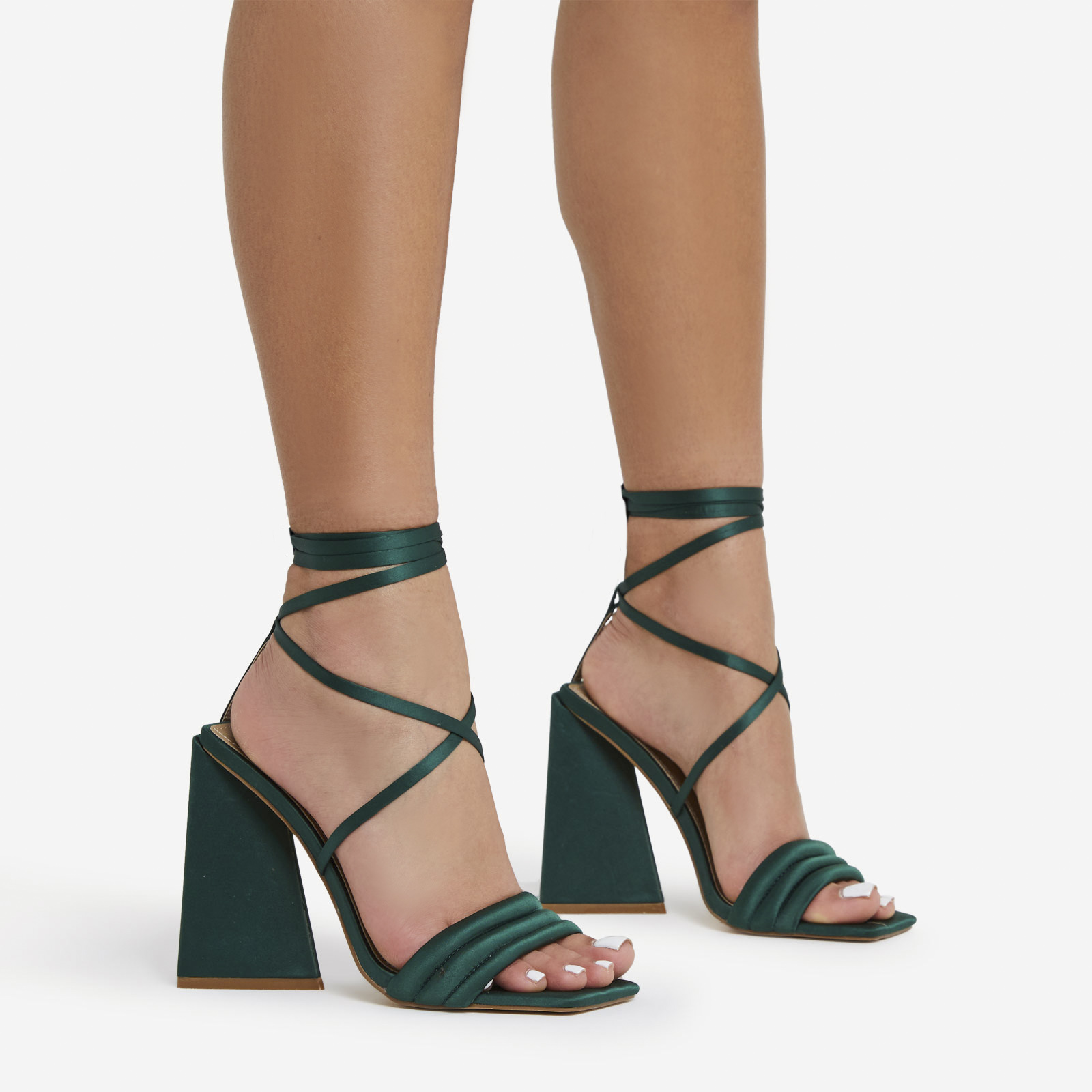 Everglow Wide Fit Lace Up Padded Strap Square Toe Sculptured Flared Block Heel In Dark Green Satin, Green (EGO SHOES)