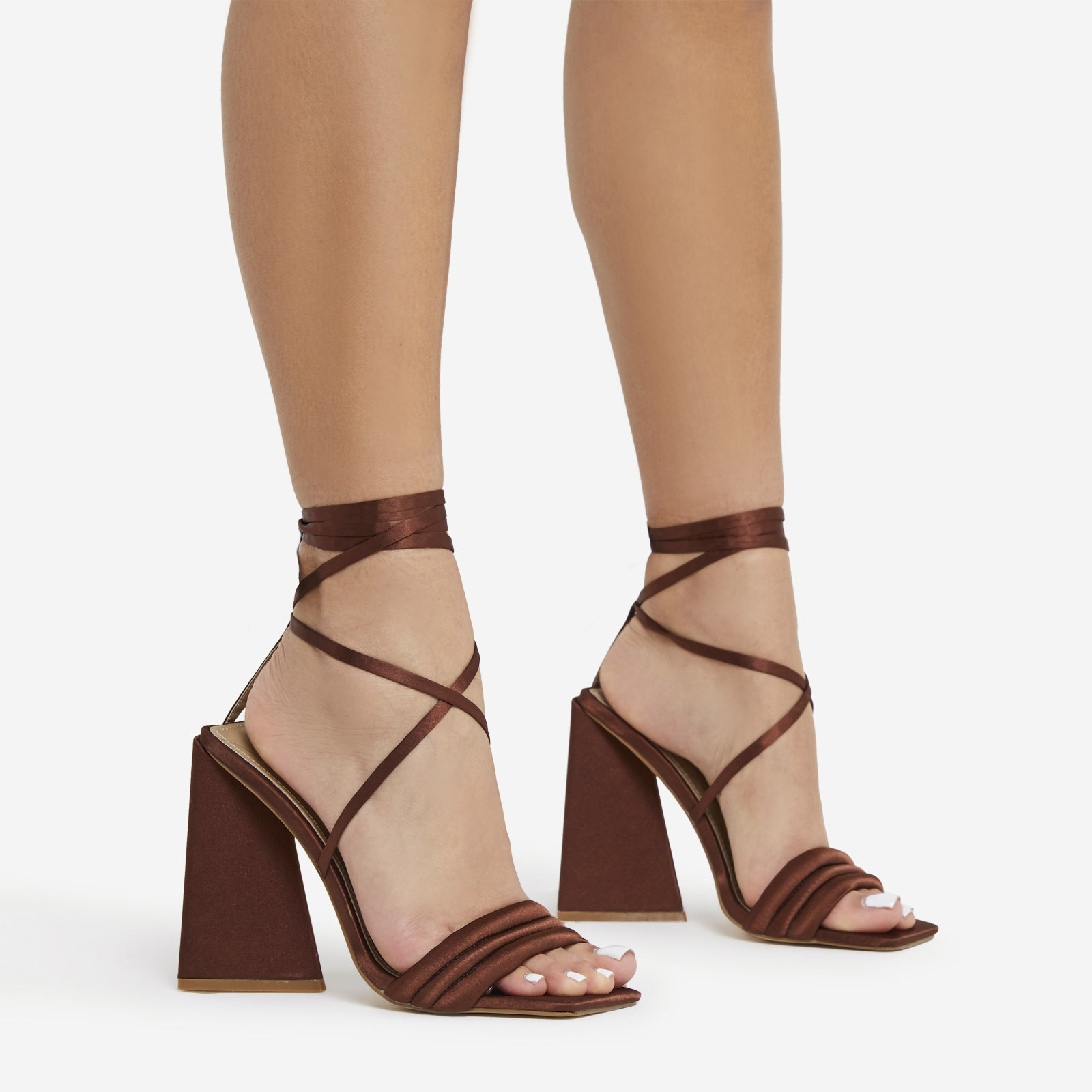 Everglow Lace Up Padded Strap Square Toe Sculptured Flared Block Heel In Brown Satin, Brown (EGO SHOES)