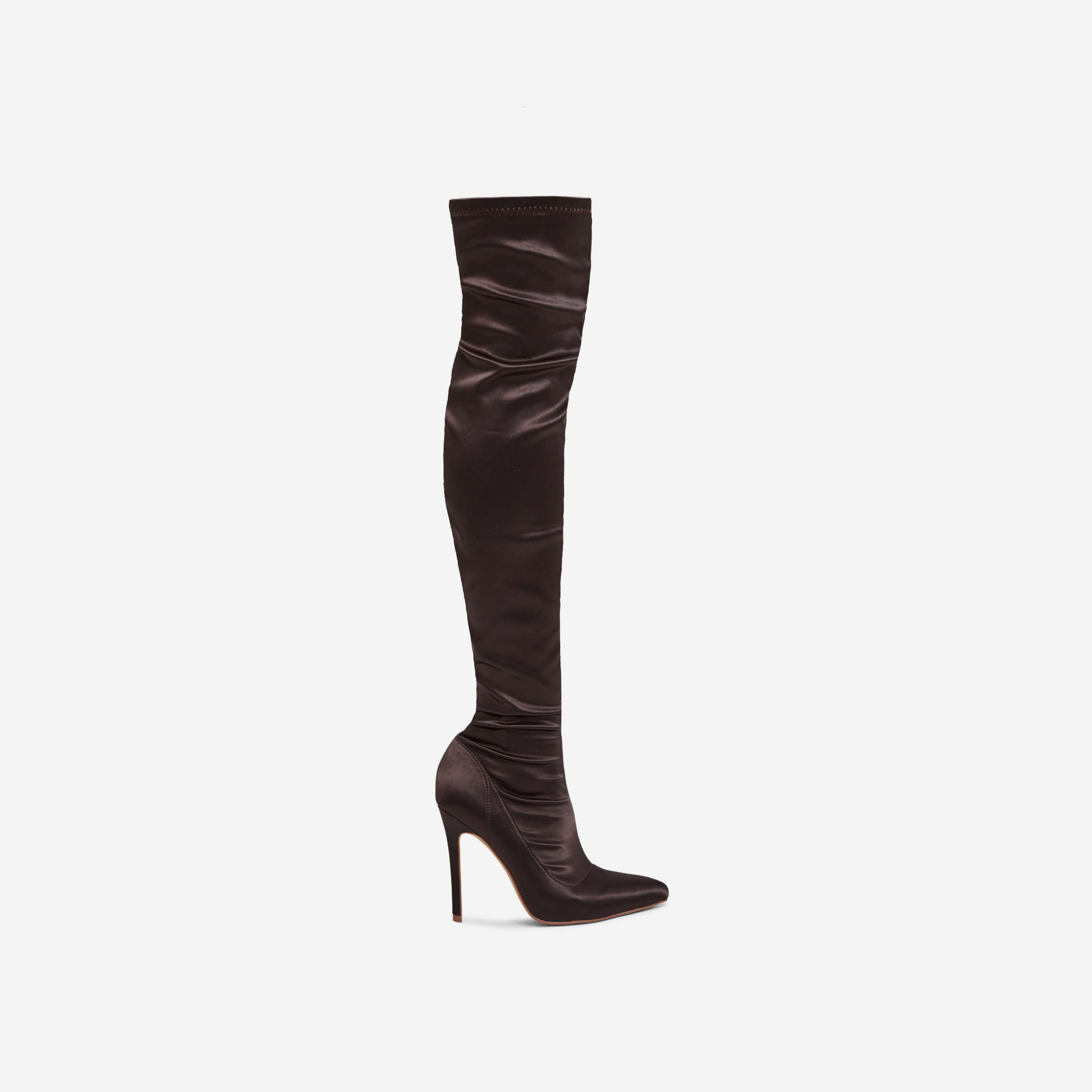 Hoola Pointed Toe Over The Knee Thigh High Long Sock Boot In Brown Satin, Brown (EGO SHOES)