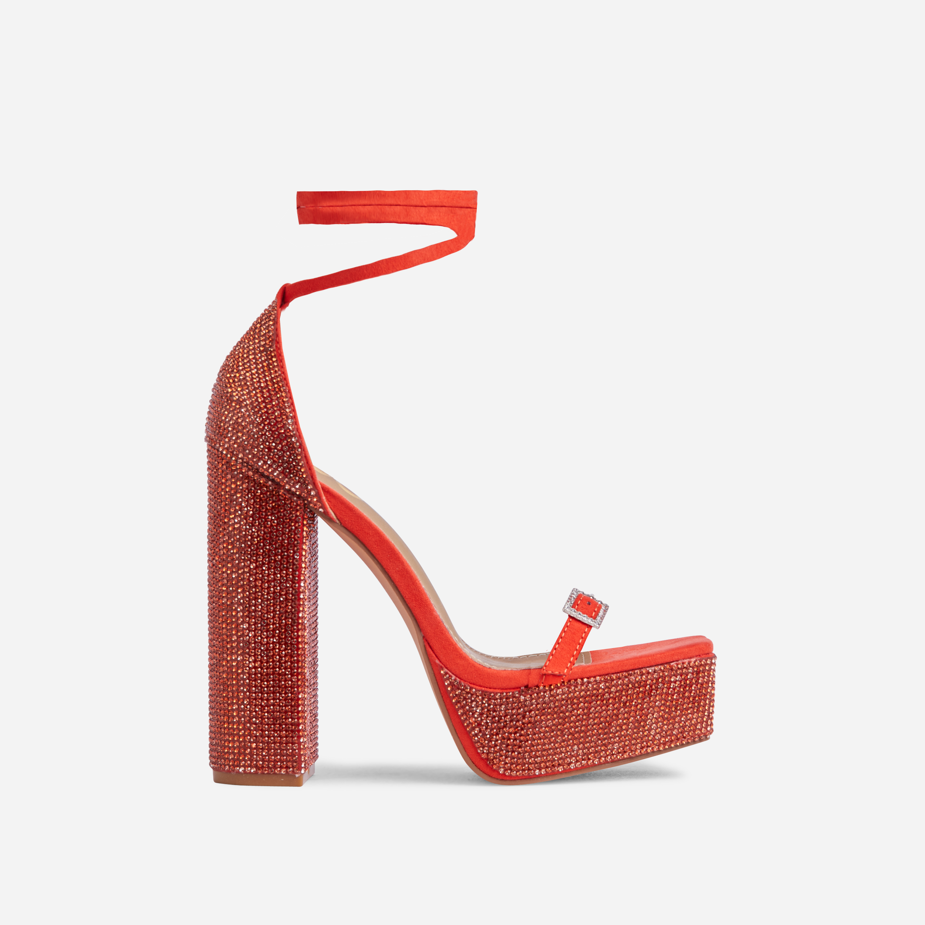 Tahlia Diamante Detail Square Toe Platform Block Heel In Red Faux Suede, Red (EGO SHOES)