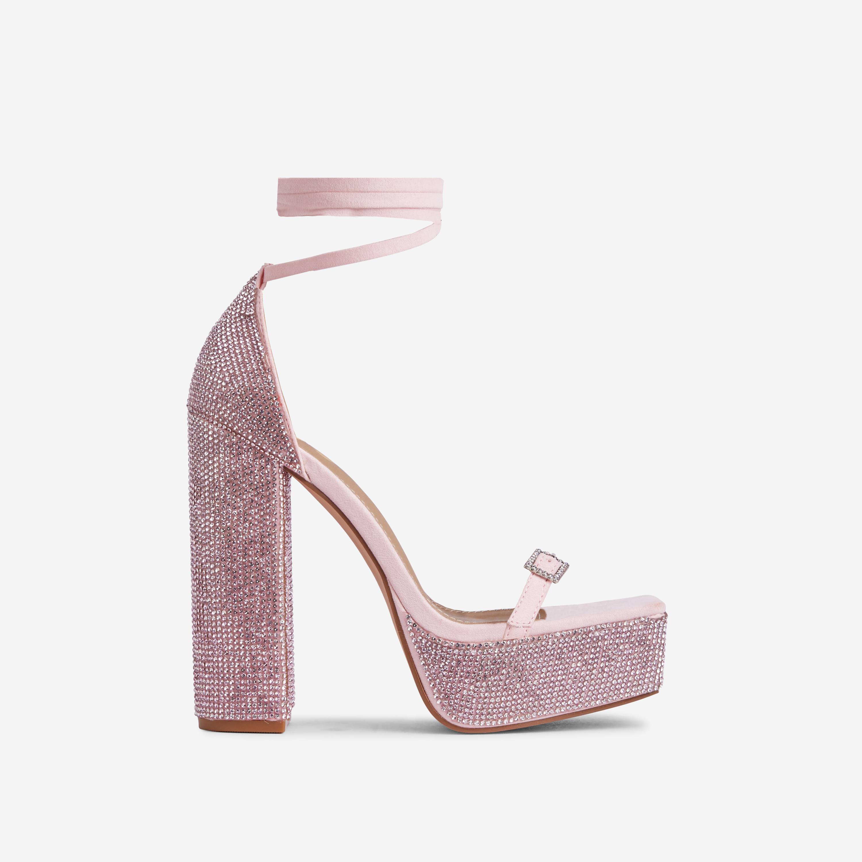 Tahlia Diamante Detail Square Toe Platform Block Heel In Pink Faux Suede, Pink (EGO SHOES)