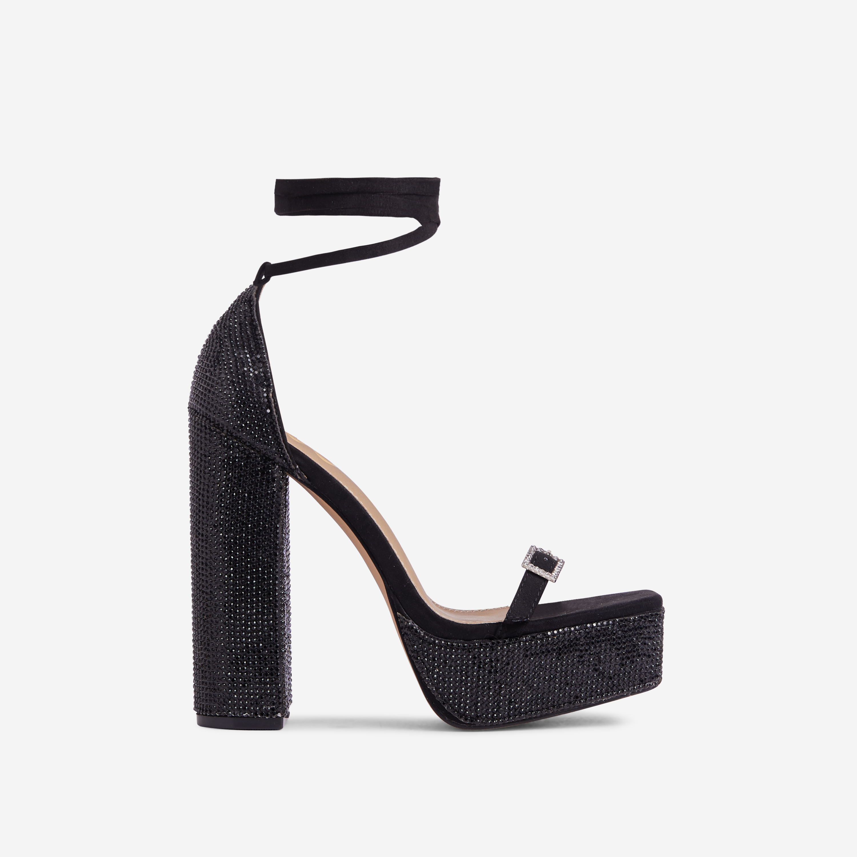 Tahlia Diamante Detail Square Toe Platform Block Heel In Black Faux Suede, Black (EGO SHOES)