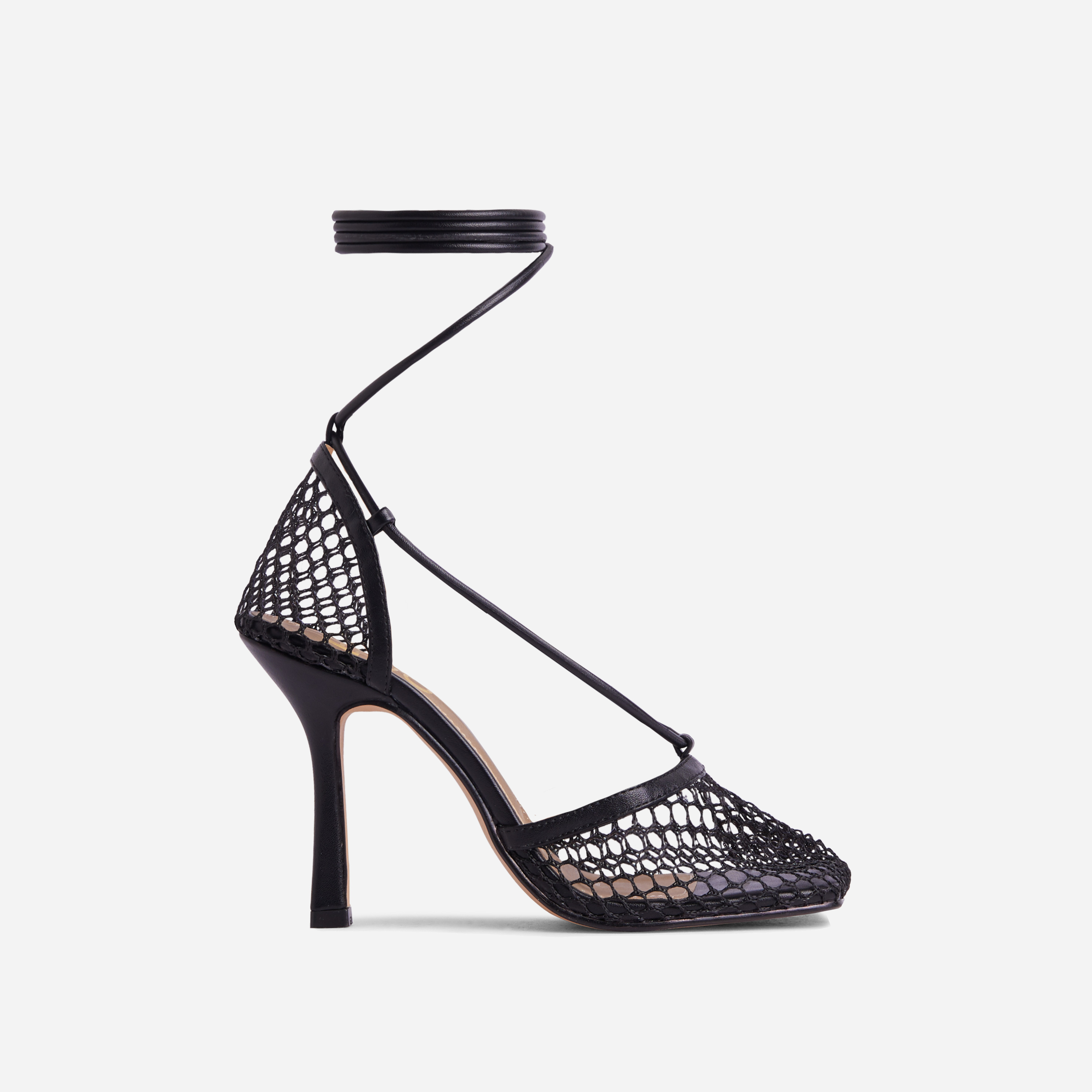 New-Me Lace Up Square Toe Court Heel In Black Fishnet, Black (EGO SHOES)