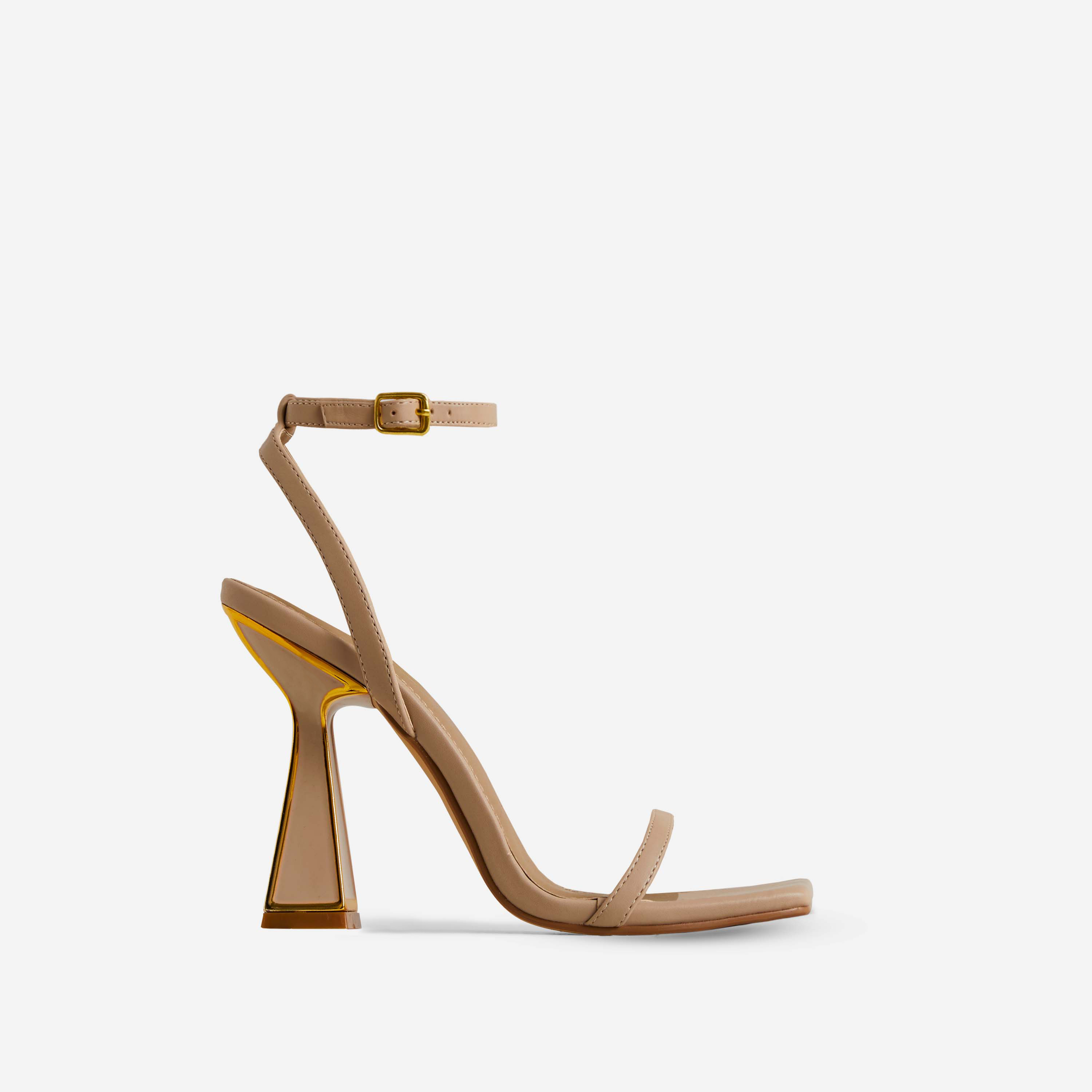 Pearl Gold Detail Square Toe Barely There Statement Block Heel In Nude Faux Leather, Nude (EGO SHOES)