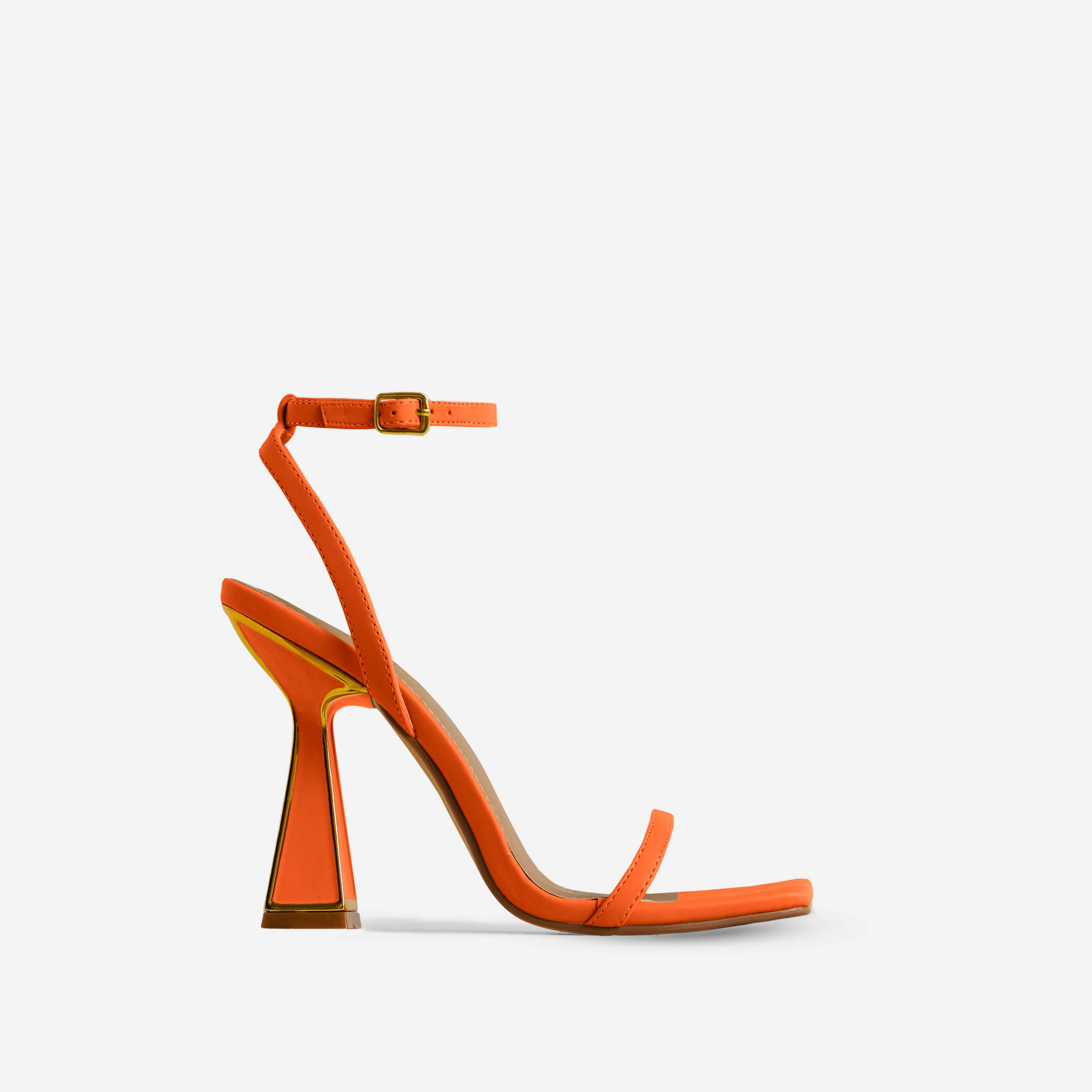 Pearl Gold Detail Square Toe Barely There Statement Block Heel In Orange Faux Leather, Orange (EGO SHOES)