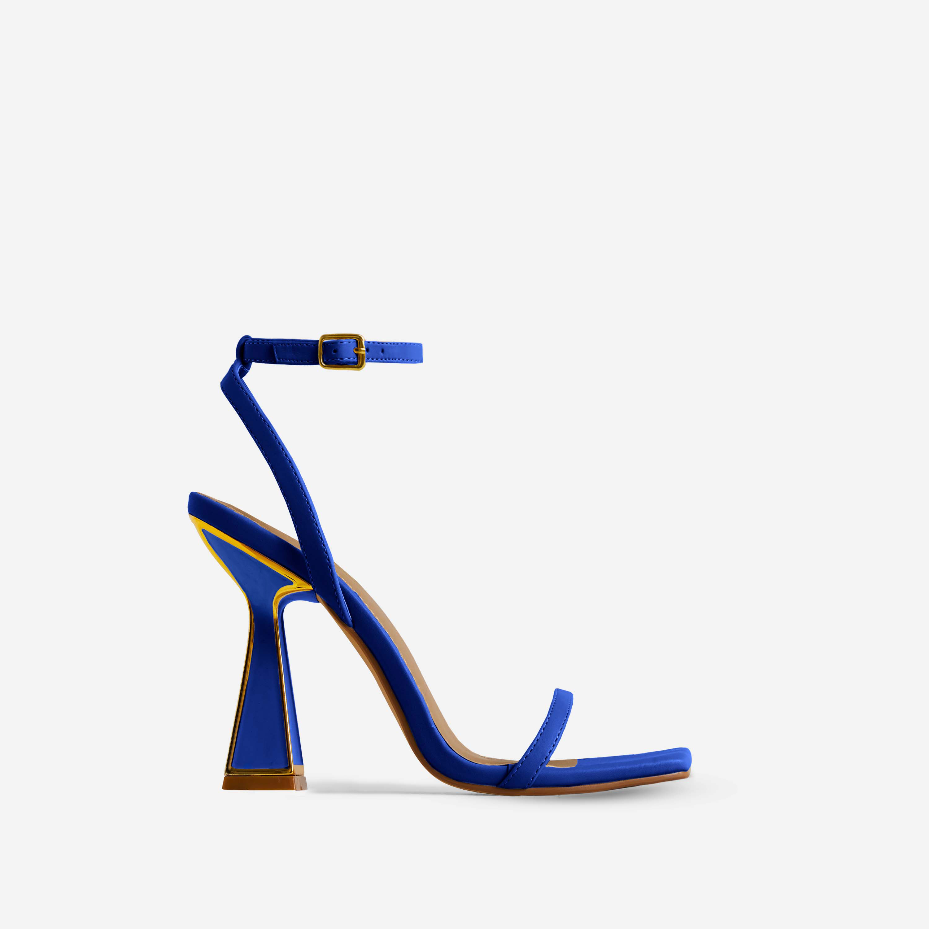 Pearl Gold Detail Square Toe Barely There Statement Block Heel In Blue Faux Leather, Blue (EGO SHOES)