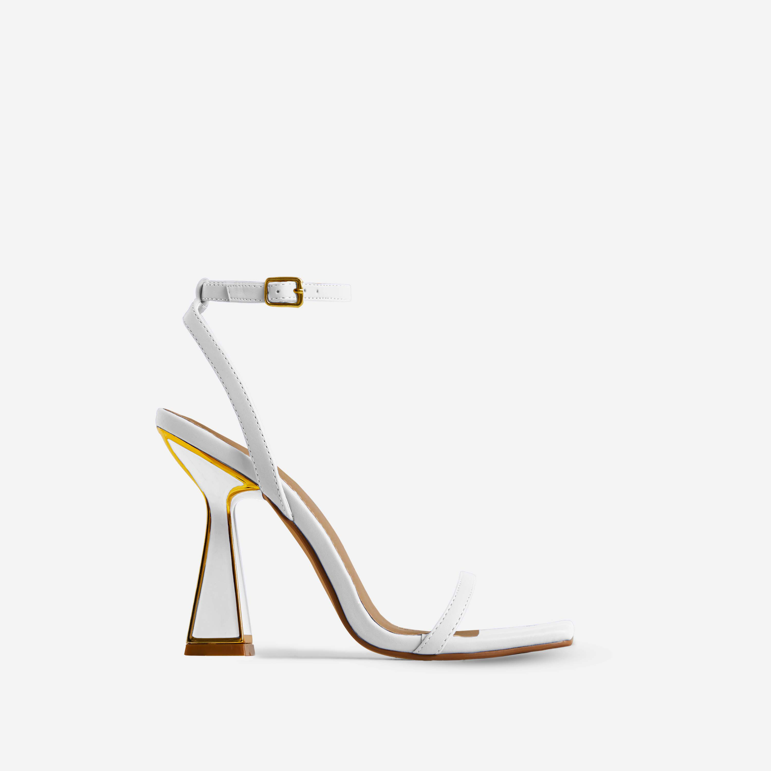 Pearl Gold Detail Square Toe Barely There Statement Block Heel In White Faux Leather, White (EGO SHOES)