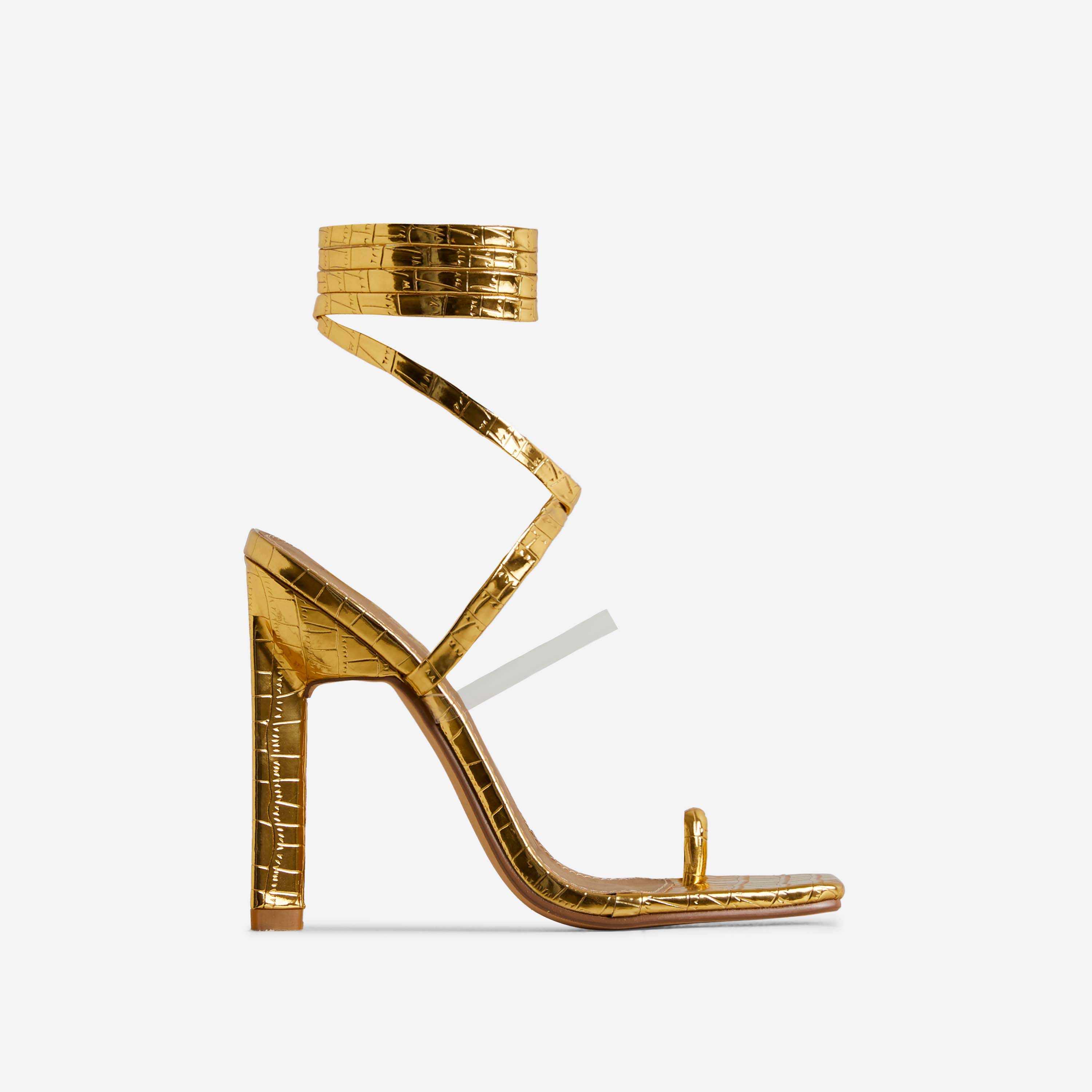 Charlotte Lace Up Clear Perspex Strap Square Toe Thin Block Heel In Gold Croc Print Faux Leather, Gold (EGO SHOES)