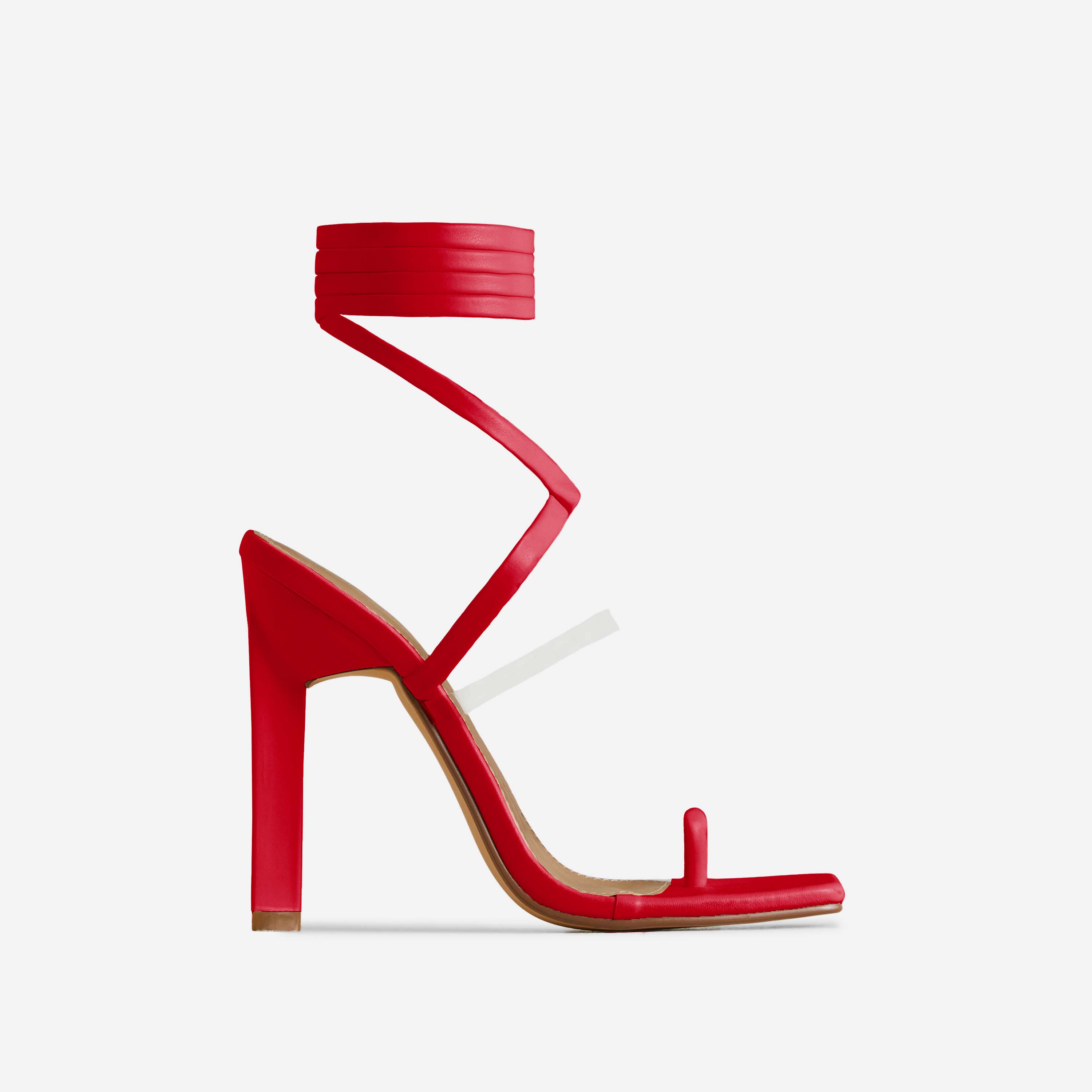 Charlotte Lace Up Clear Perspex Strap Square Toe Thin Block Heel In Red Faux Leather, Red (EGO SHOES)