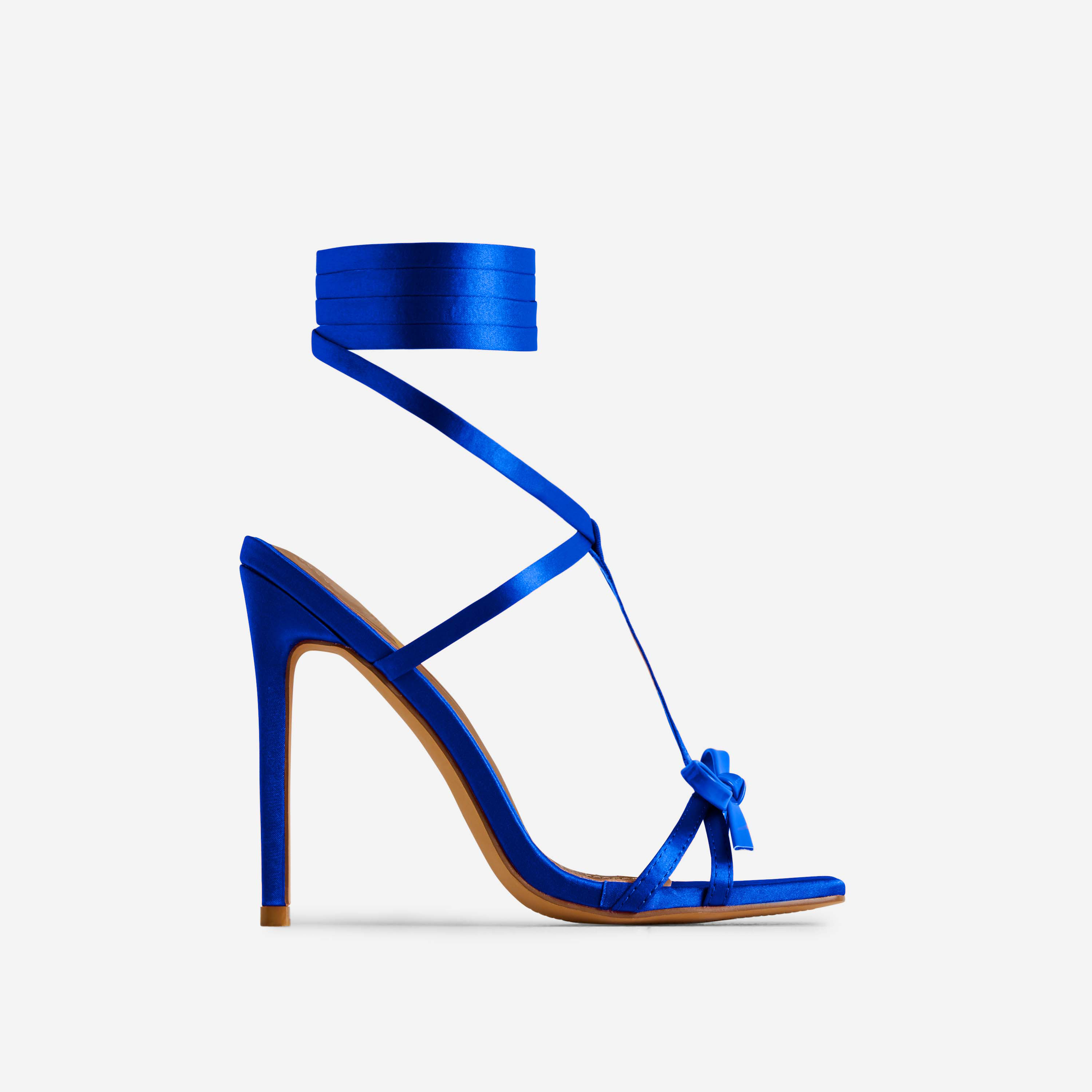 Tusa Lace Up Bow Detail Strappy Square Toe Heel In Blue Satin, Blue (EGO SHOES)