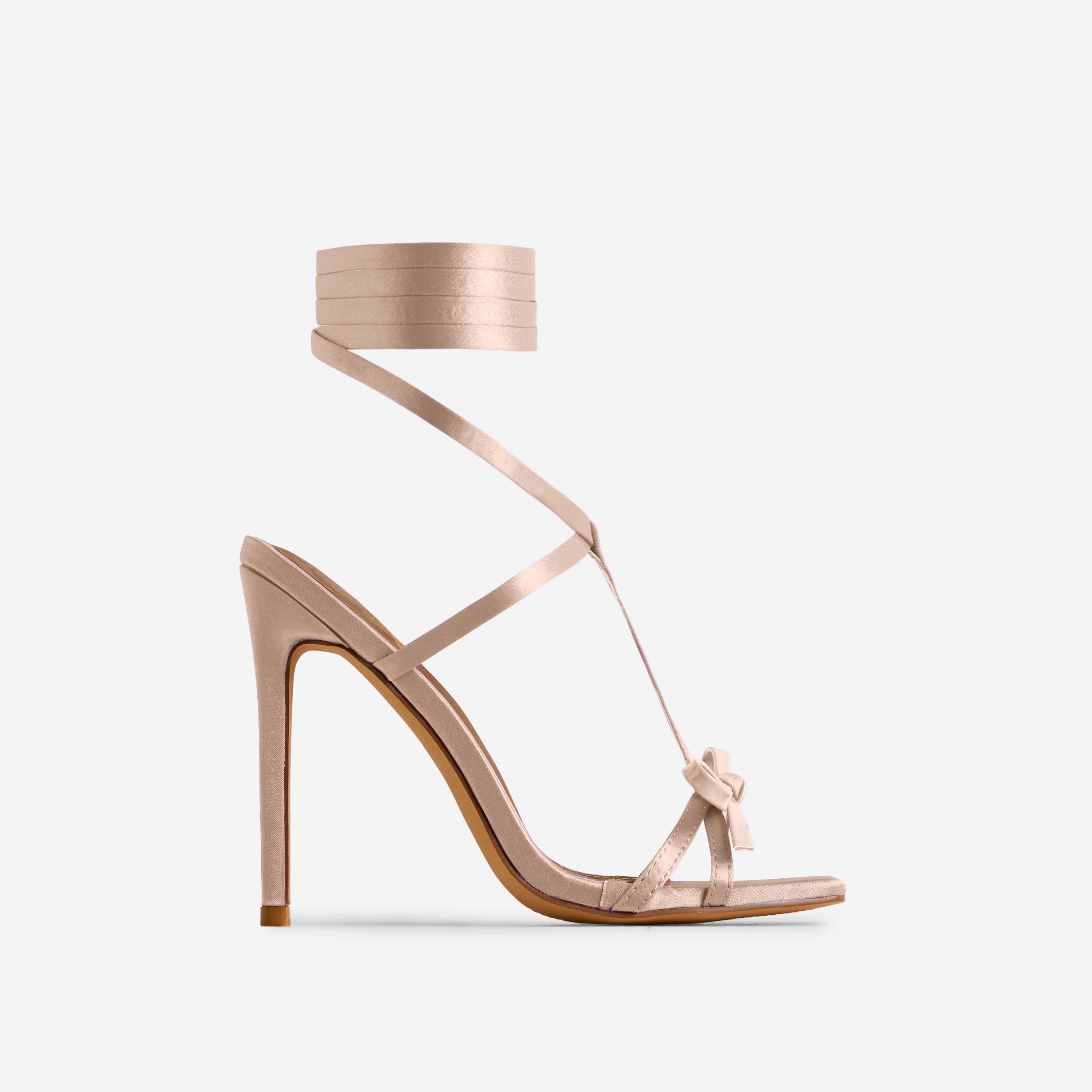 Tusa Lace Up Bow Detail Strappy Square Toe Heel In Nude Satin, Nude (EGO SHOES)