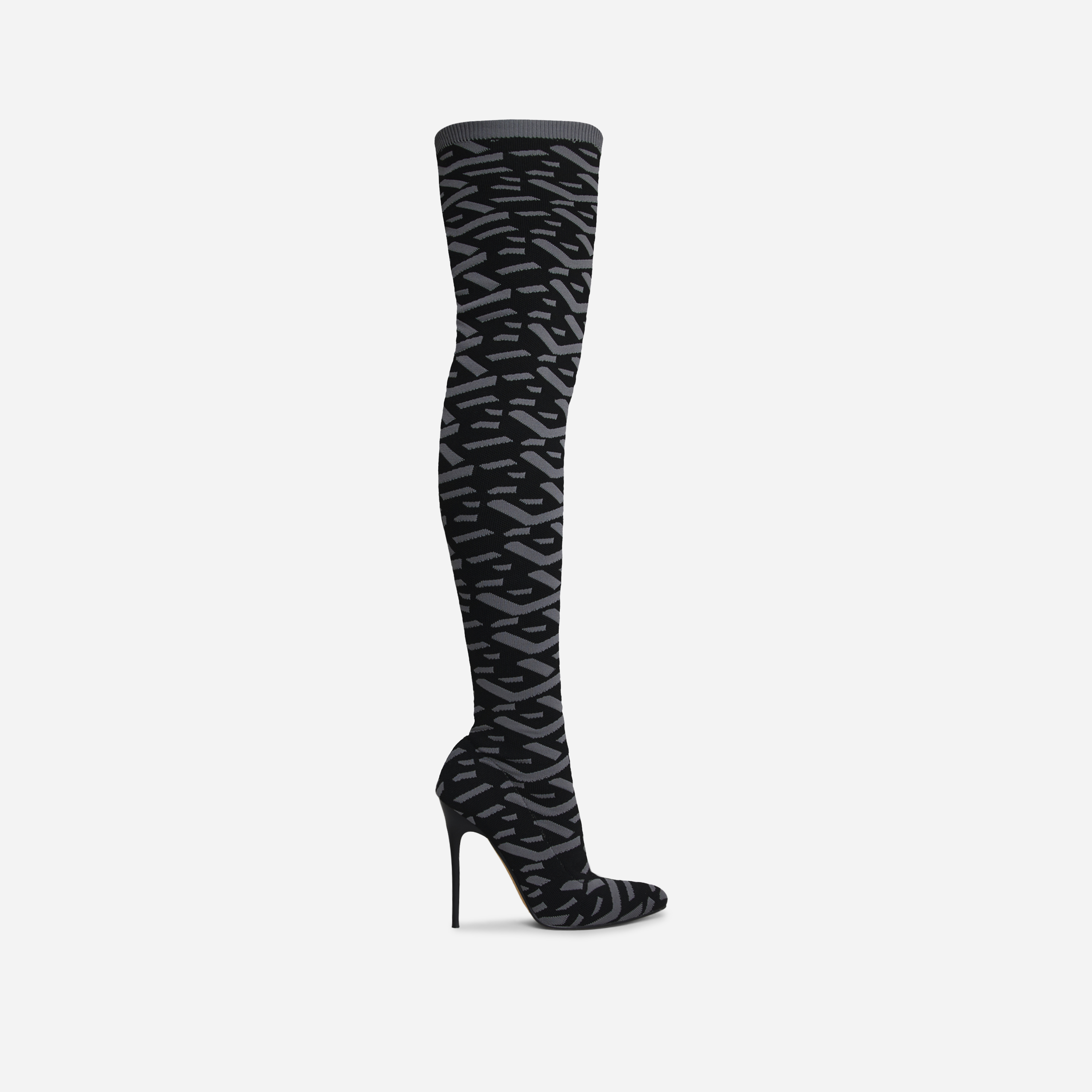 Alberta Pointed Toe Over The Knee Thigh High Long Sock Boot In Black Printed Knit, Black (EGO SHOES)