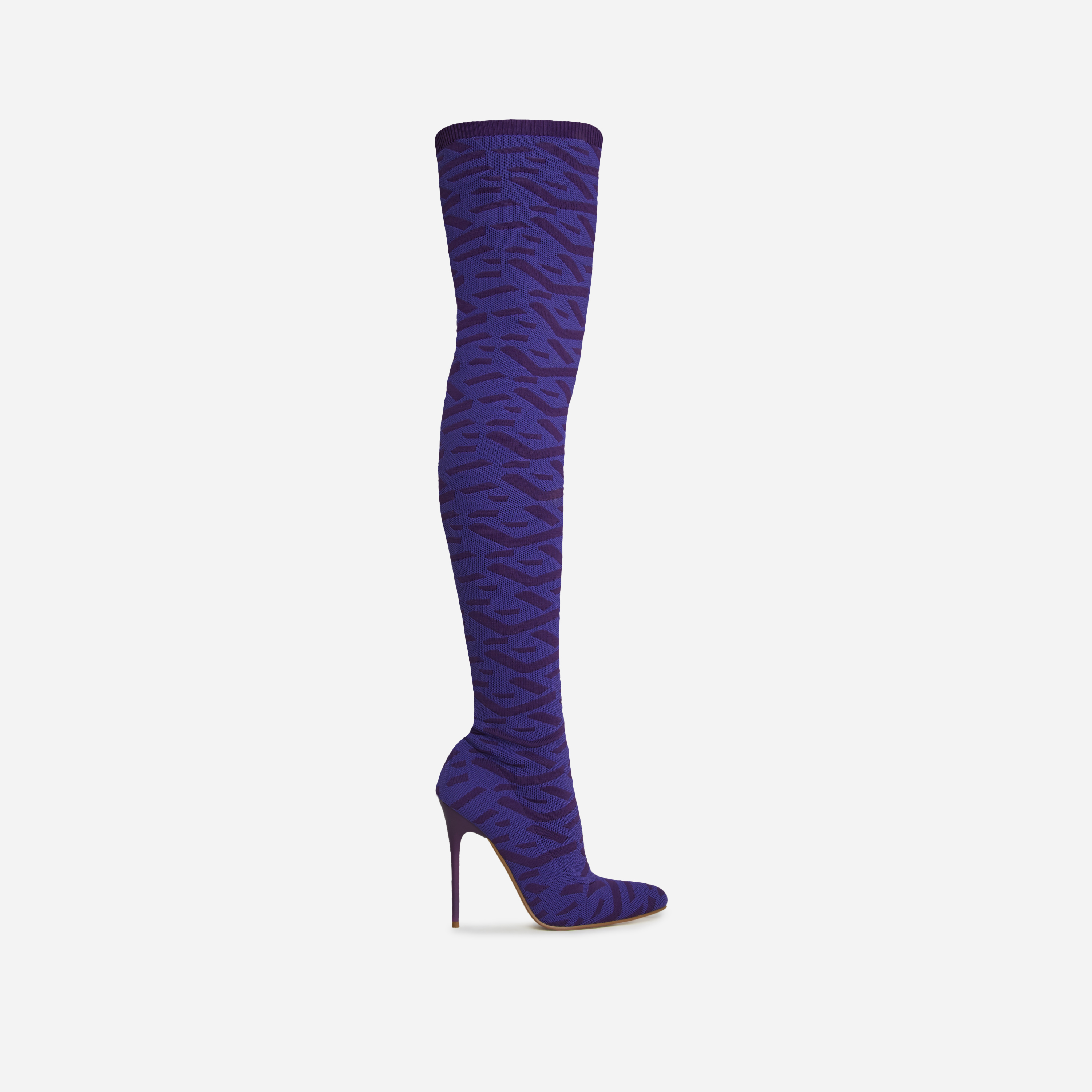 Alberta Pointed Toe Over The Knee Thigh High Long Sock Boot In Purple Printed Knit, Purple (EGO SHOES)