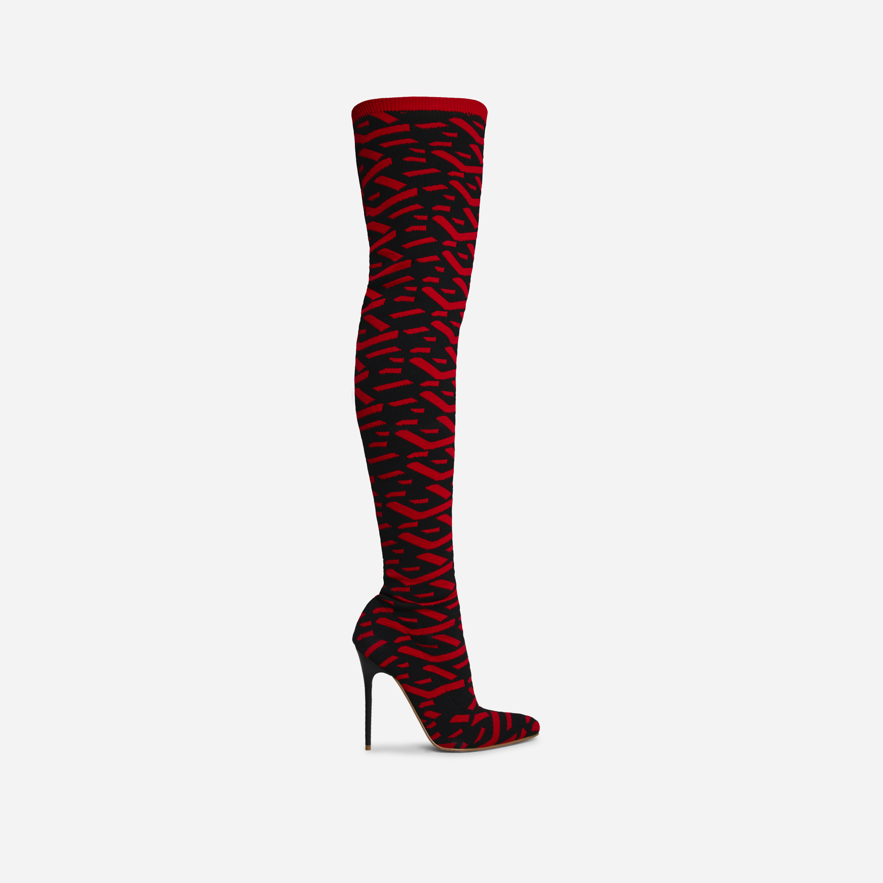 Alberta Pointed Toe Over The Knee Thigh High Long Sock Boot In Red Printed Knit, Red (EGO SHOES)