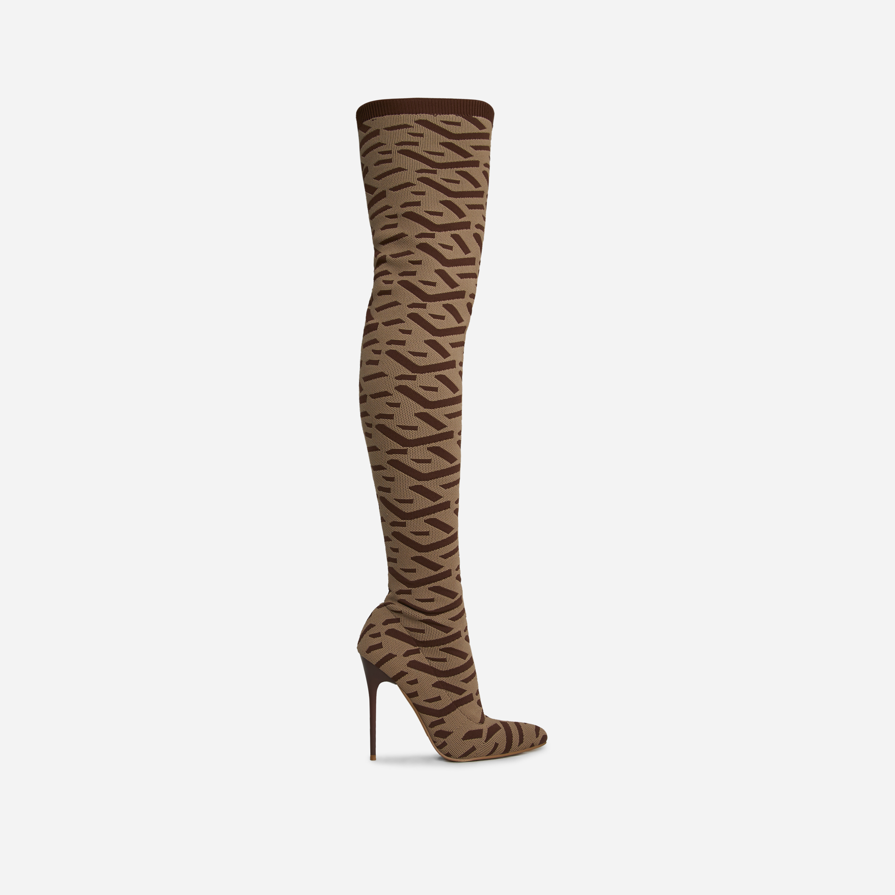 Alberta Pointed Toe Over The Knee Thigh High Long Sock Boot In Nude Printed Knit, Nude (EGO SHOES)