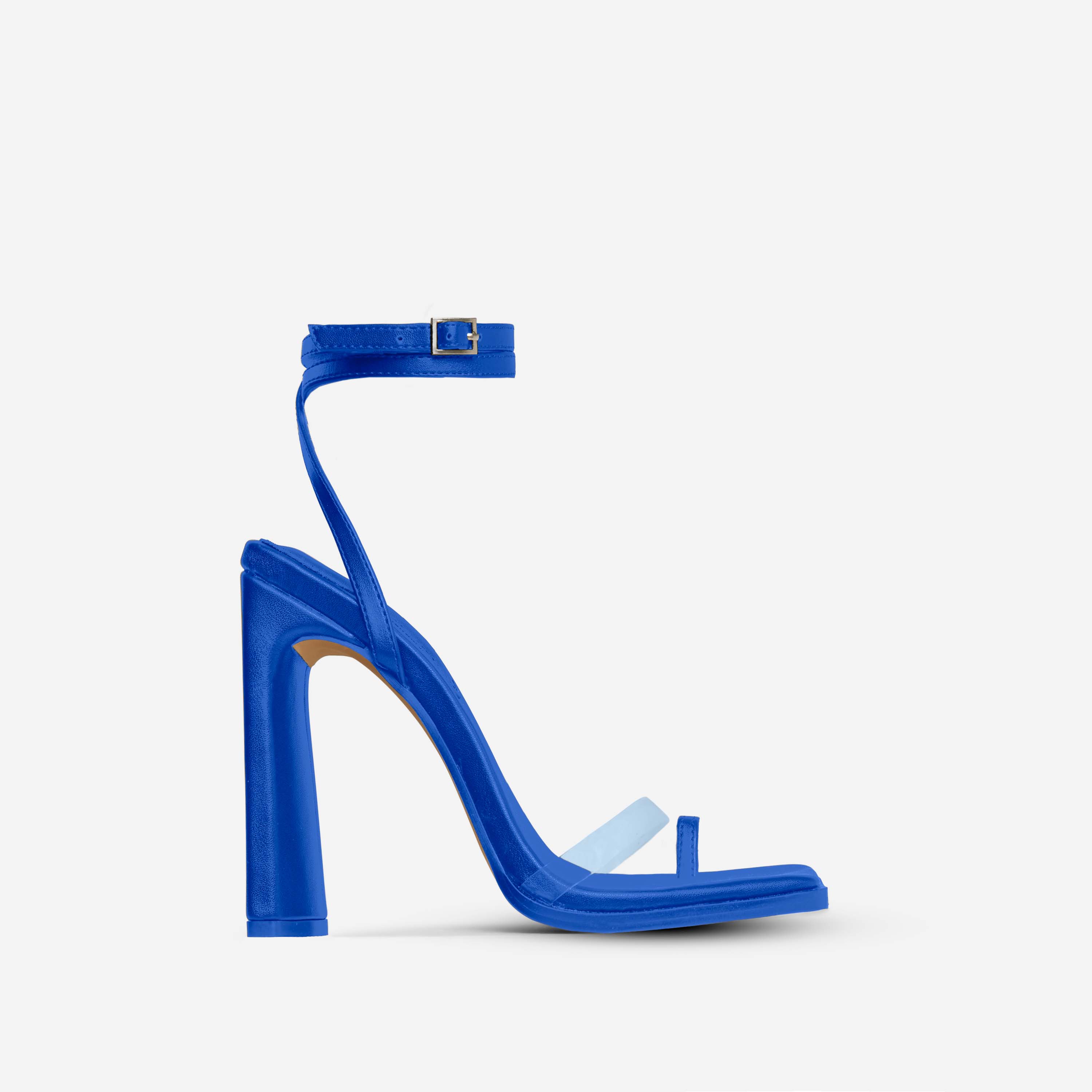 All-In-It Perspex Strap Square Toe Flared Block Heel In Blue Faux Leather, Blue (EGO SHOES)