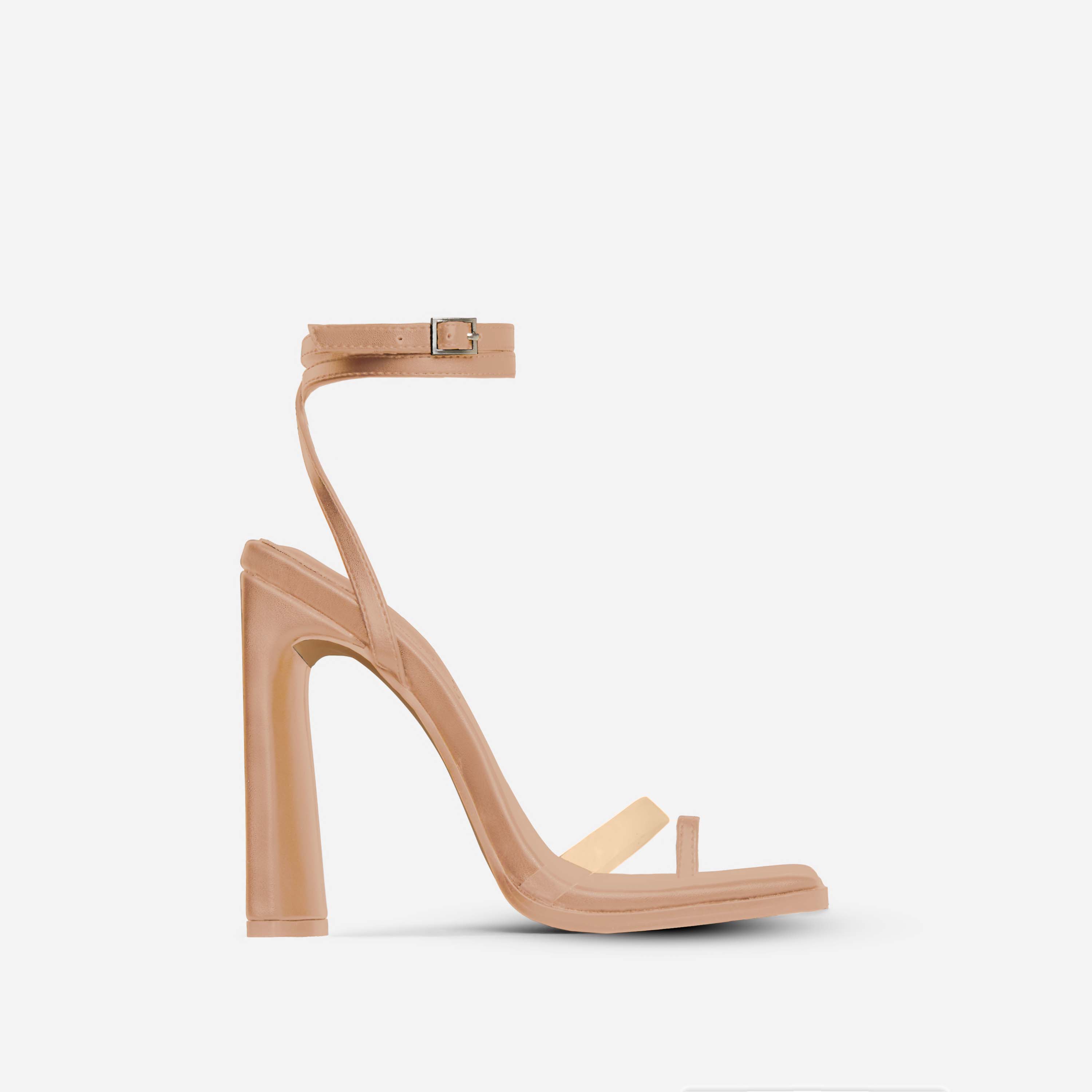 All-In-It Perspex Strap Square Toe Flared Block Heel In Nude Faux Leather, Nude (EGO SHOES)