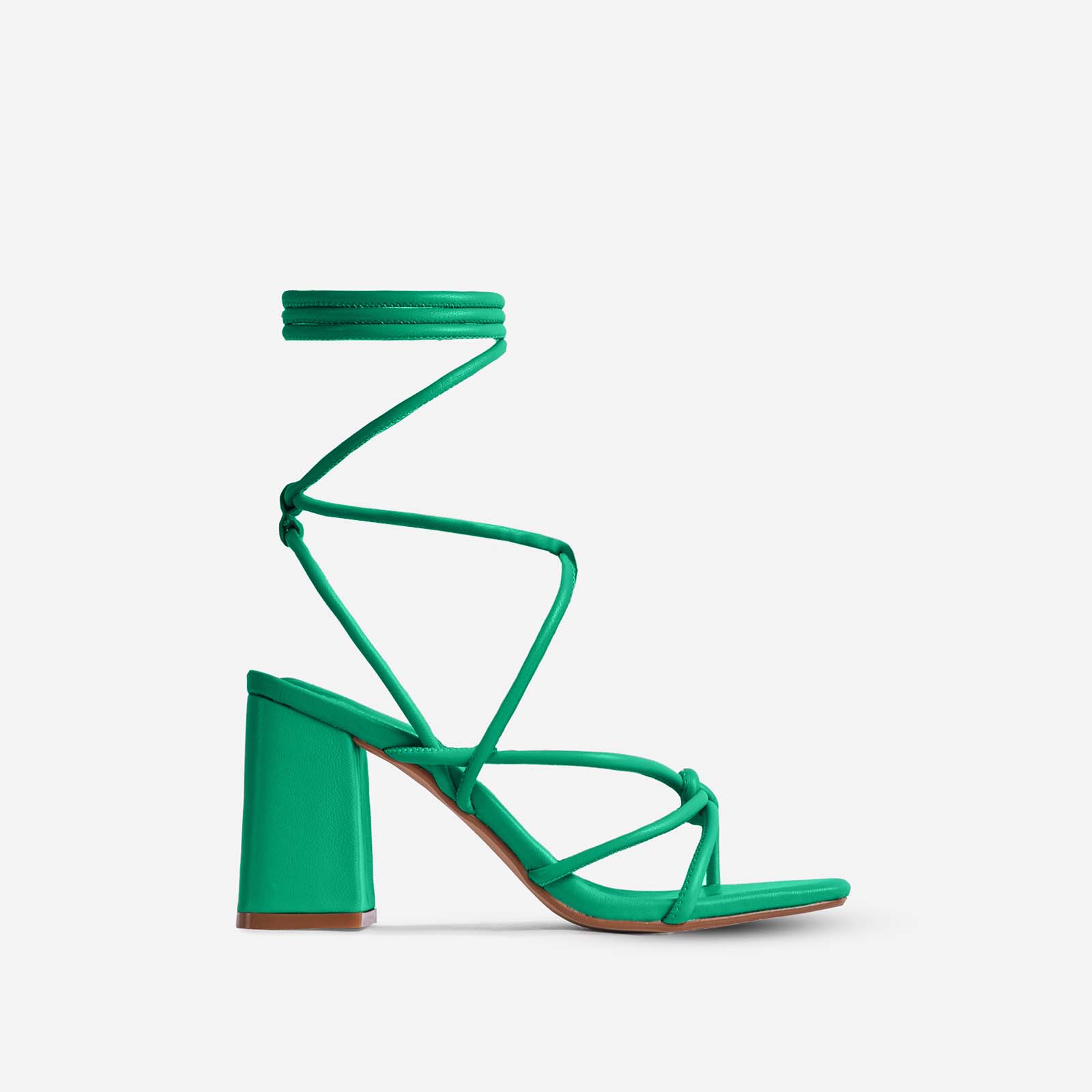 Ballerine Knotted Strappy Detail Lace Up Square Toe Block Heel In Green Faux Leather, Green (EGO SHOES)