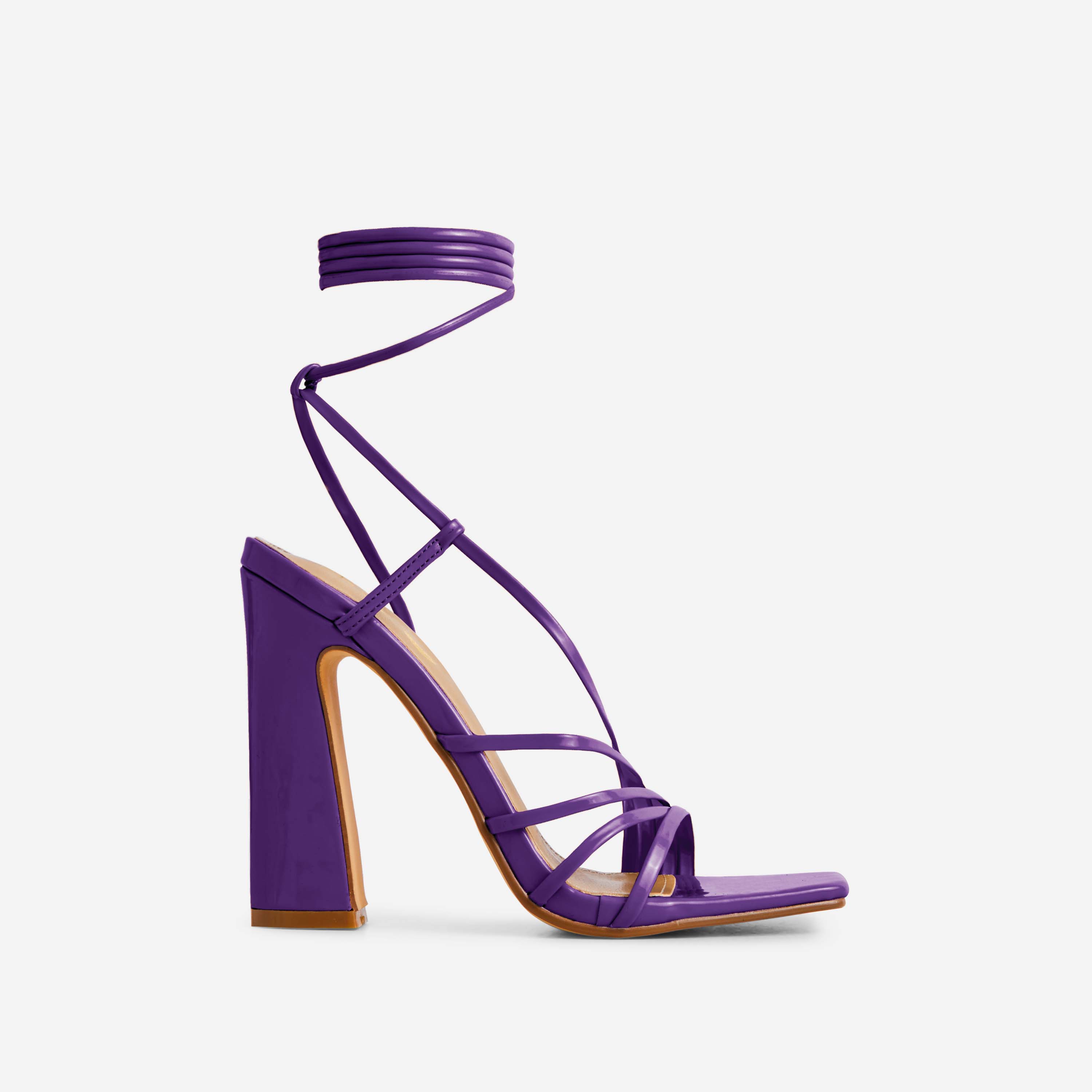 Been-You Lace Up Strappy Square Toe Flared Block Heel In Purple Patent, Purple (EGO SHOES)