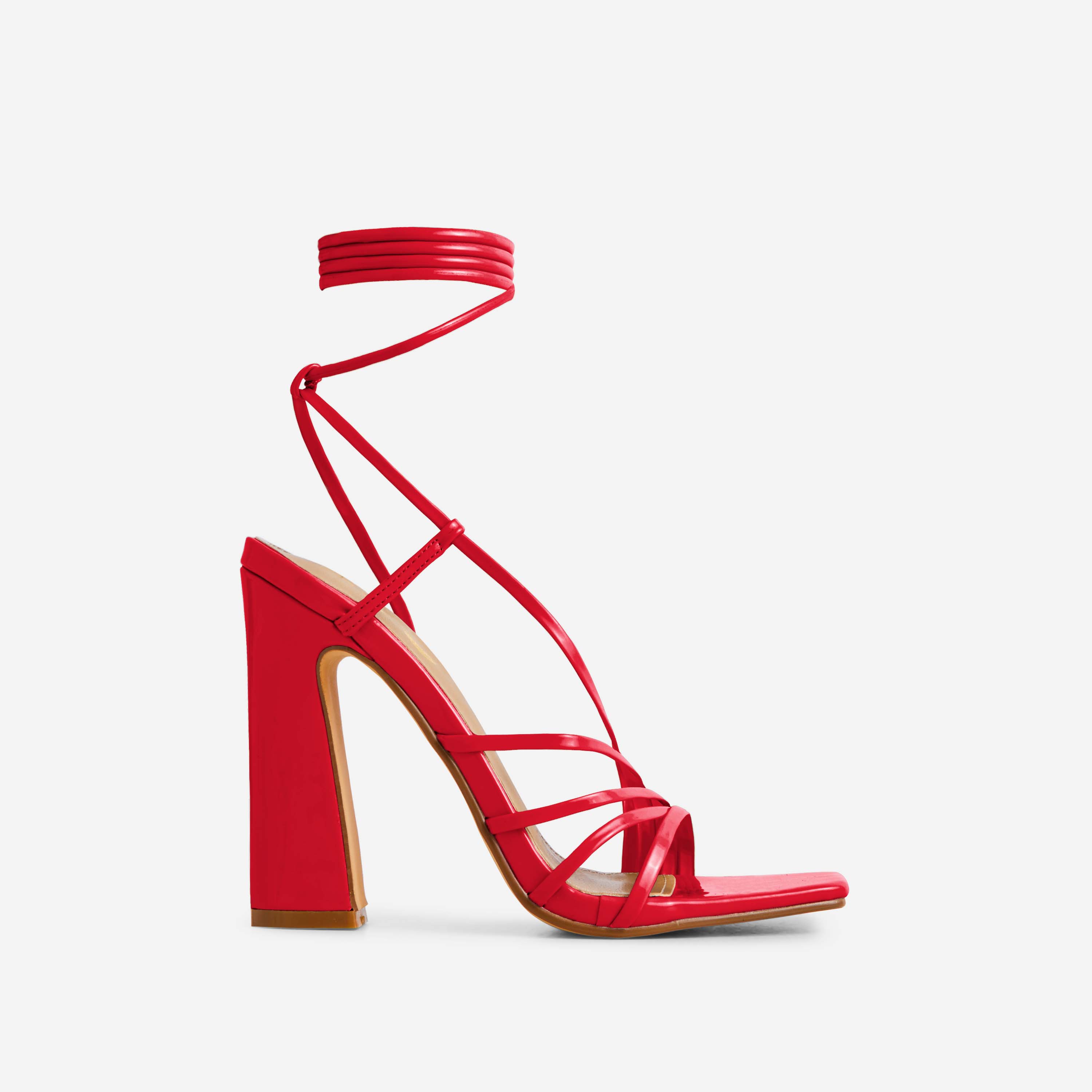 Been-You Lace Up Strappy Square Toe Flared Block Heel In Red Patent, Red (EGO SHOES)