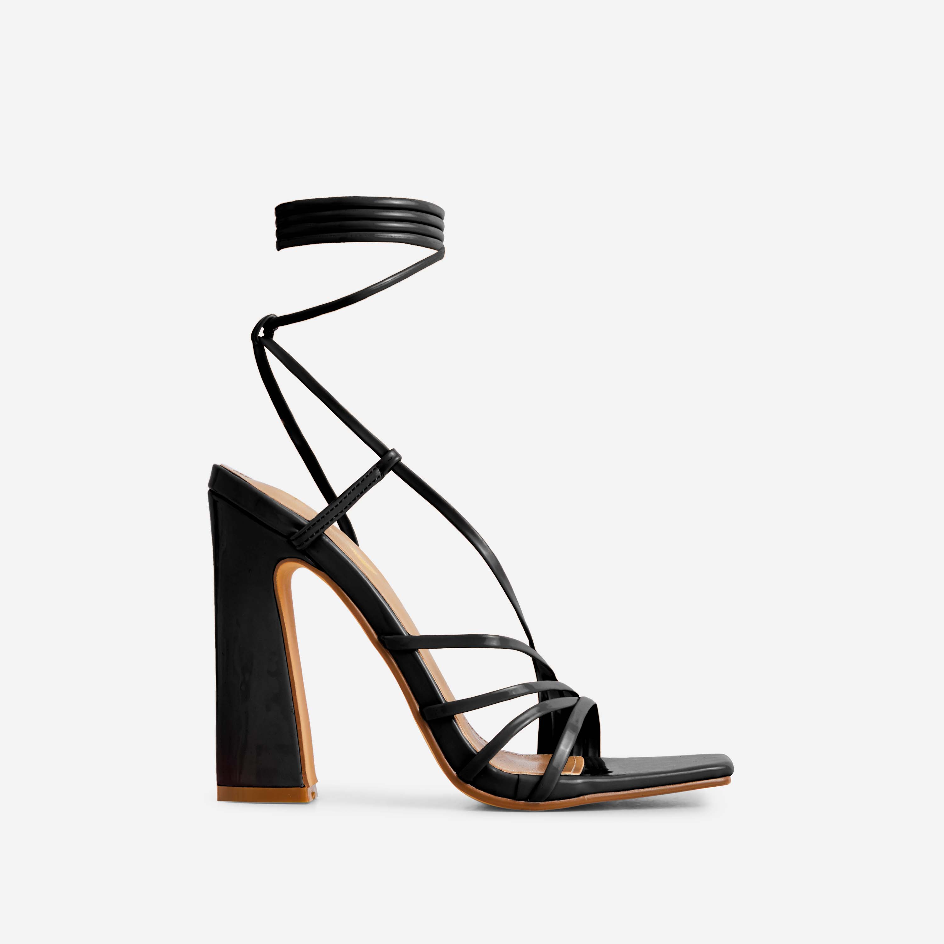 Been-You Lace Up Strappy Square Toe Flared Block Heel In Black Patent, Black (EGO SHOES)