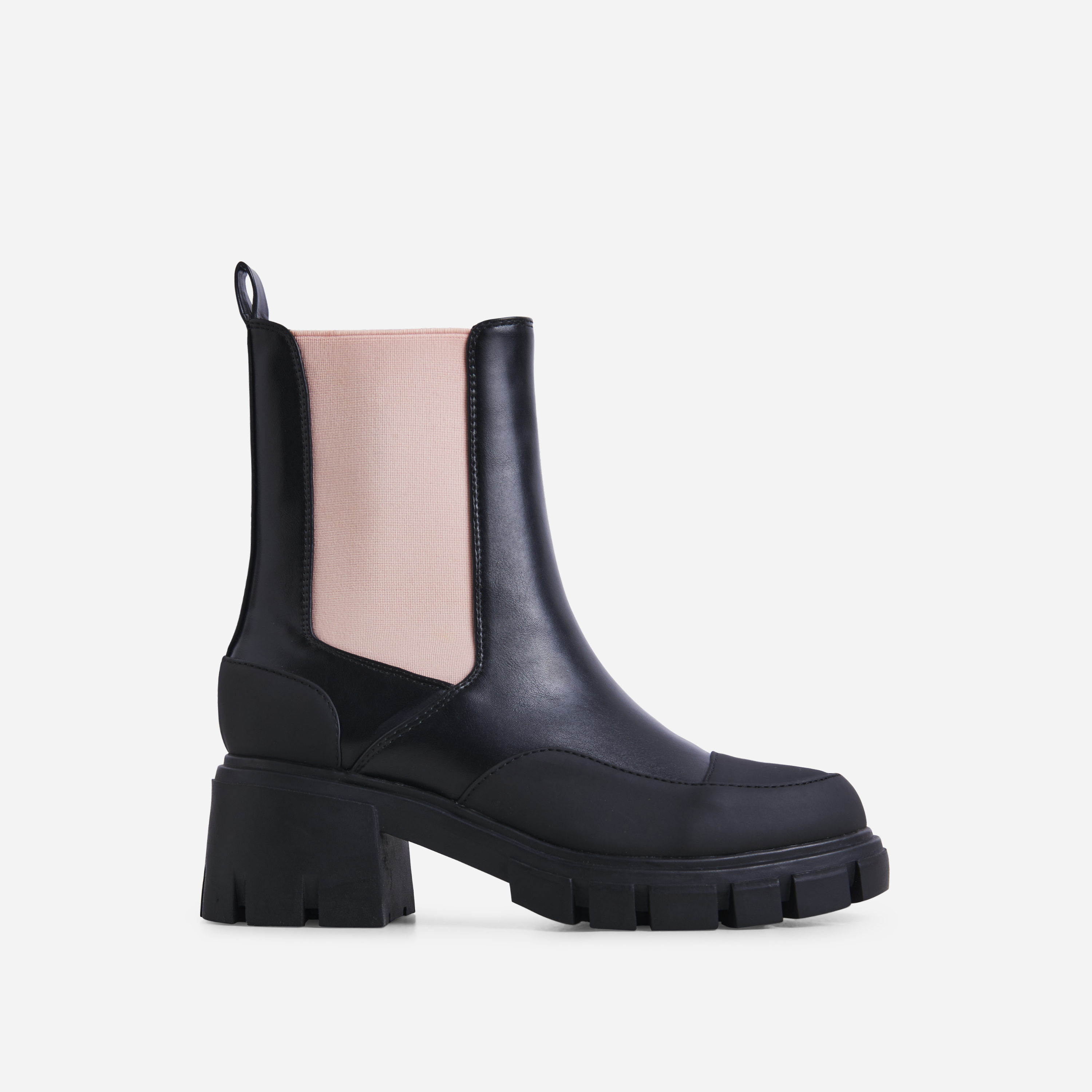 Bianca Chunky Sole Pink Side Panel Detail Ankle Chelsea Biker Boot In Black Faux Leather, Black (EGO SHOES)