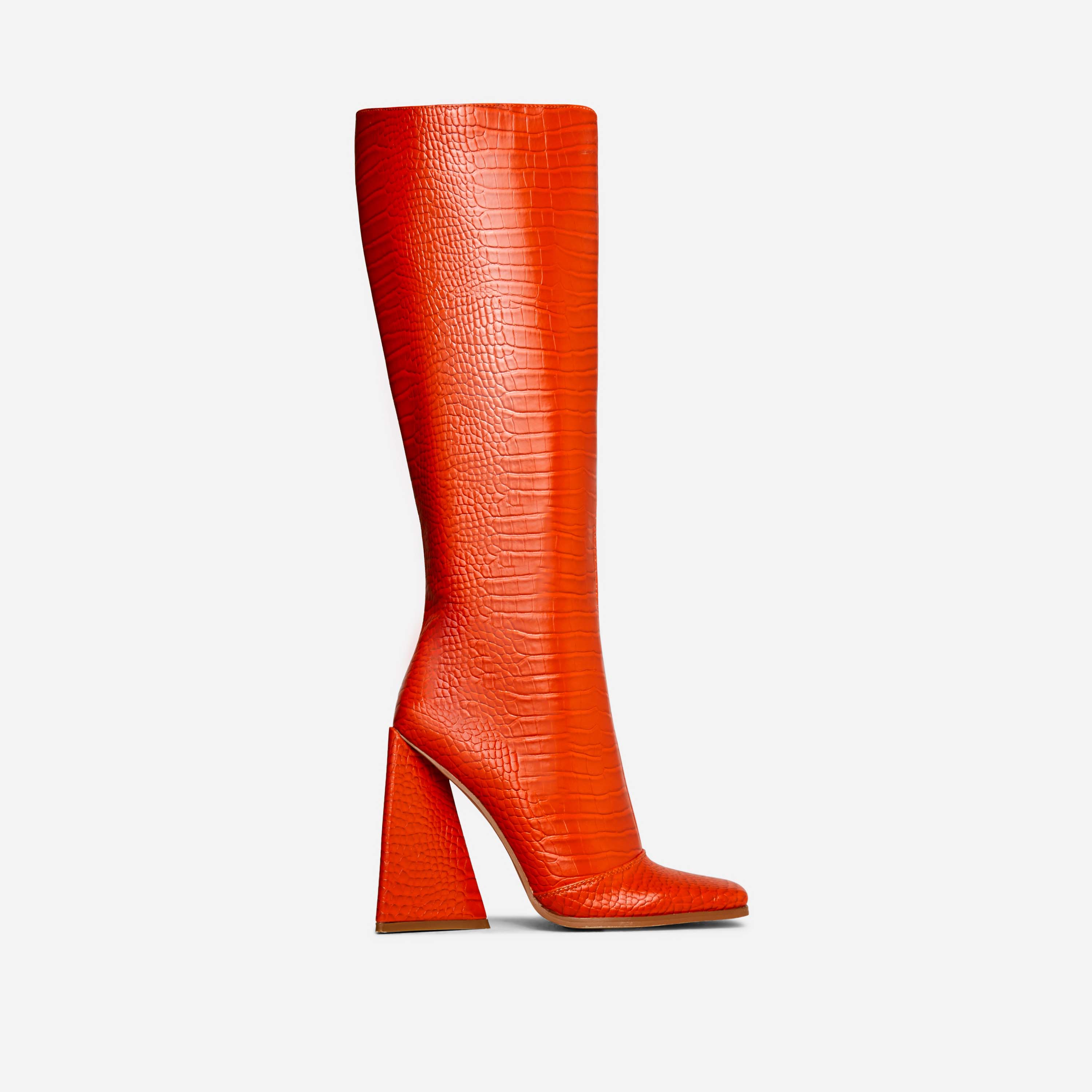 Big-Goals Square Toe Sculptured Block Heel Knee High Long Boot In Orange Croc Print Faux Leather, Orange (EGO SHOES)