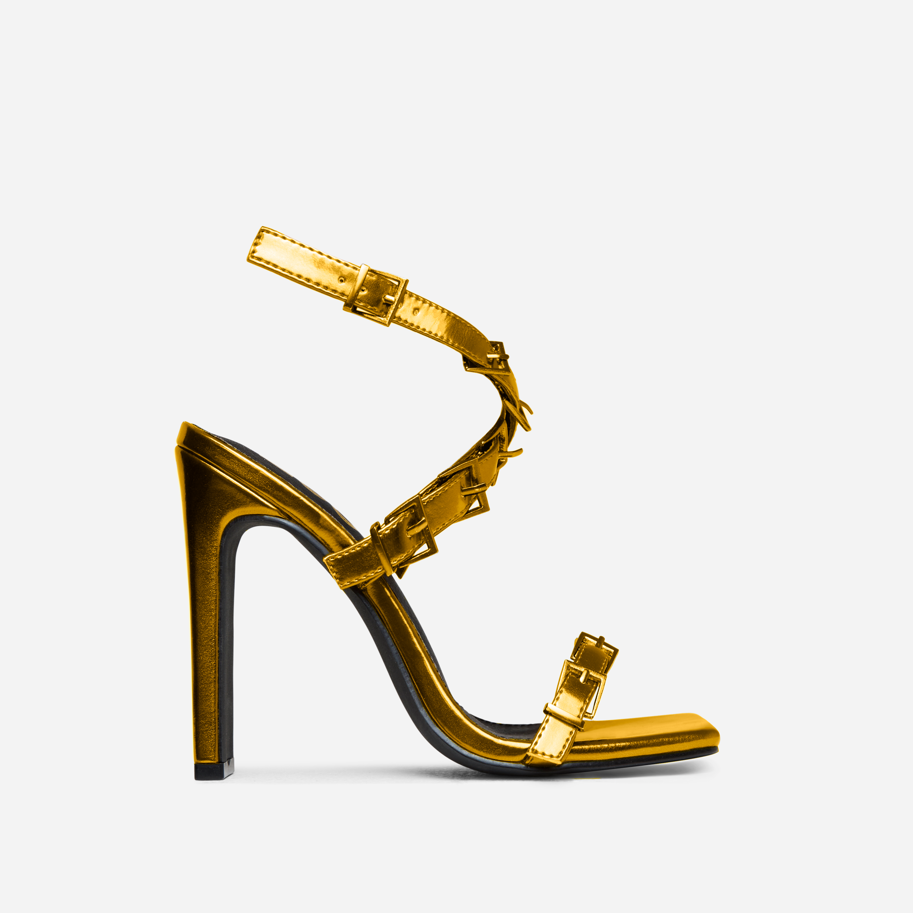 Cabello Buckle Cross Strap Detail Square Toe Thin Block Heel In Gold Metallic Faux Leather, Gold (EGO SHOES)